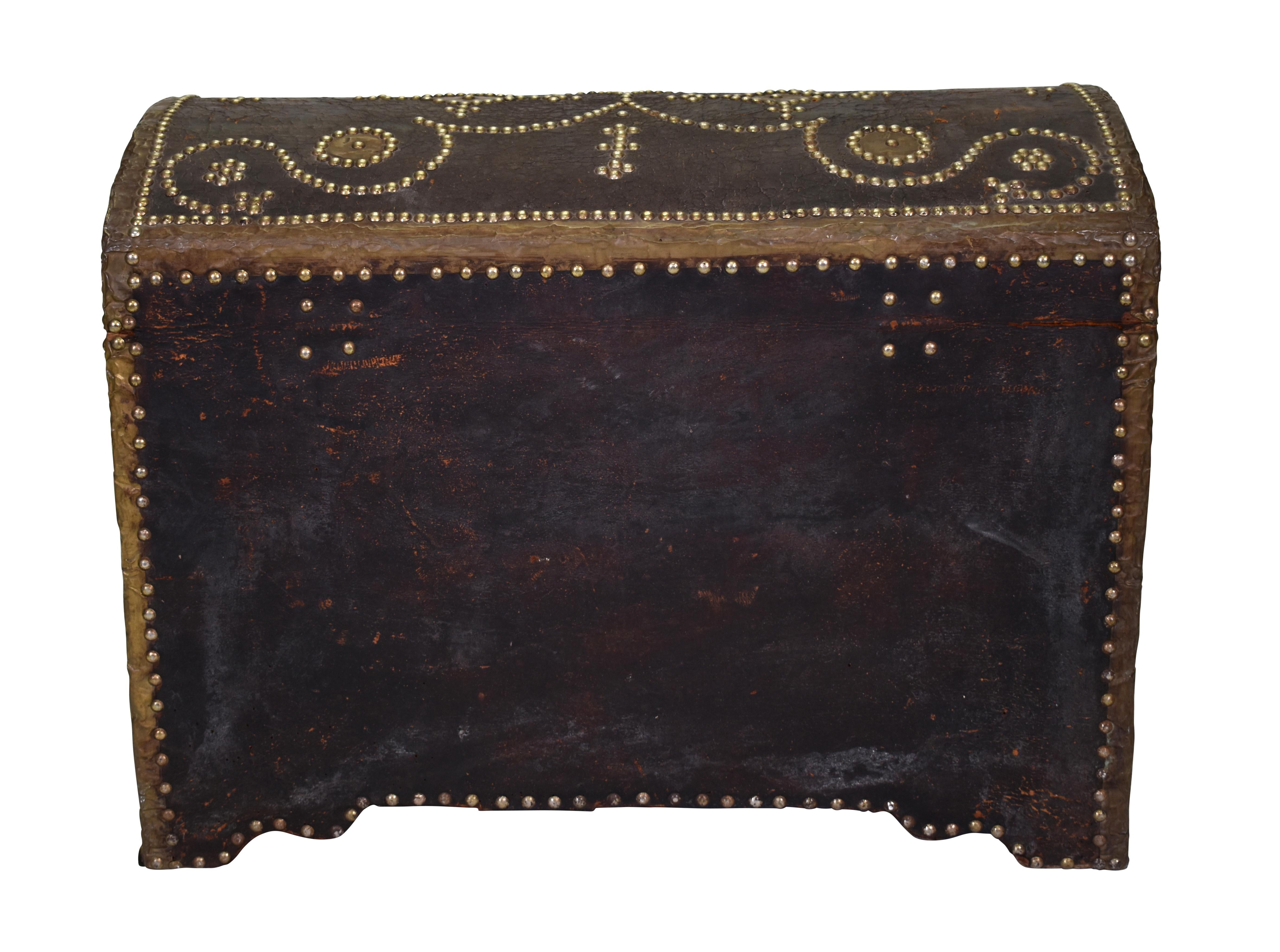 19th Century European trunk with nailhead detail. A trunk is one of the most useful accessories or layering pieces to add texture and depth to a home. 