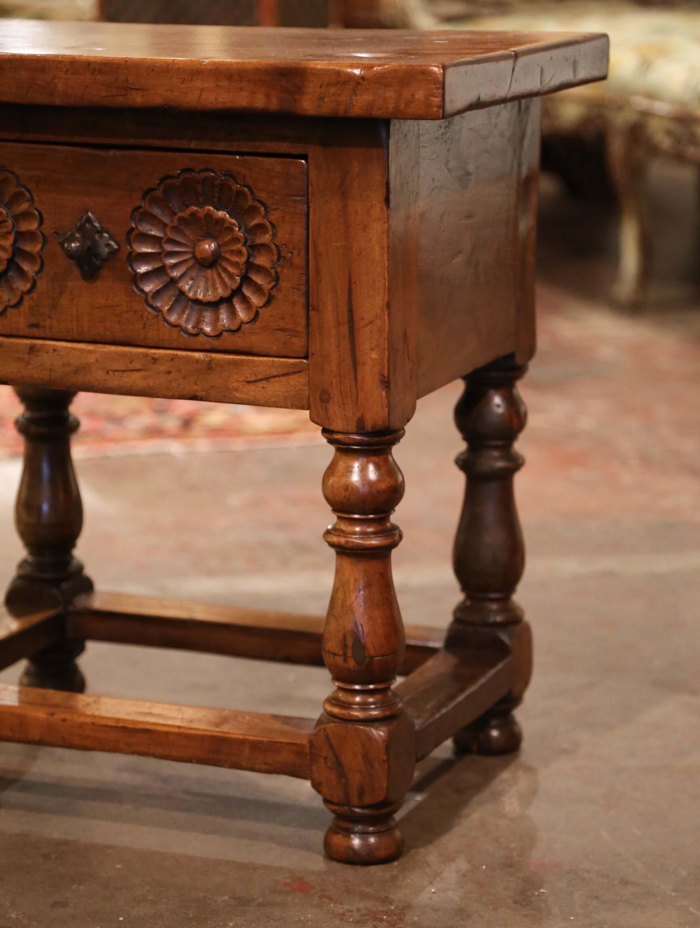 French 19th Century Spanish Louis XIII Carved Walnut Side Table on Turned Legs