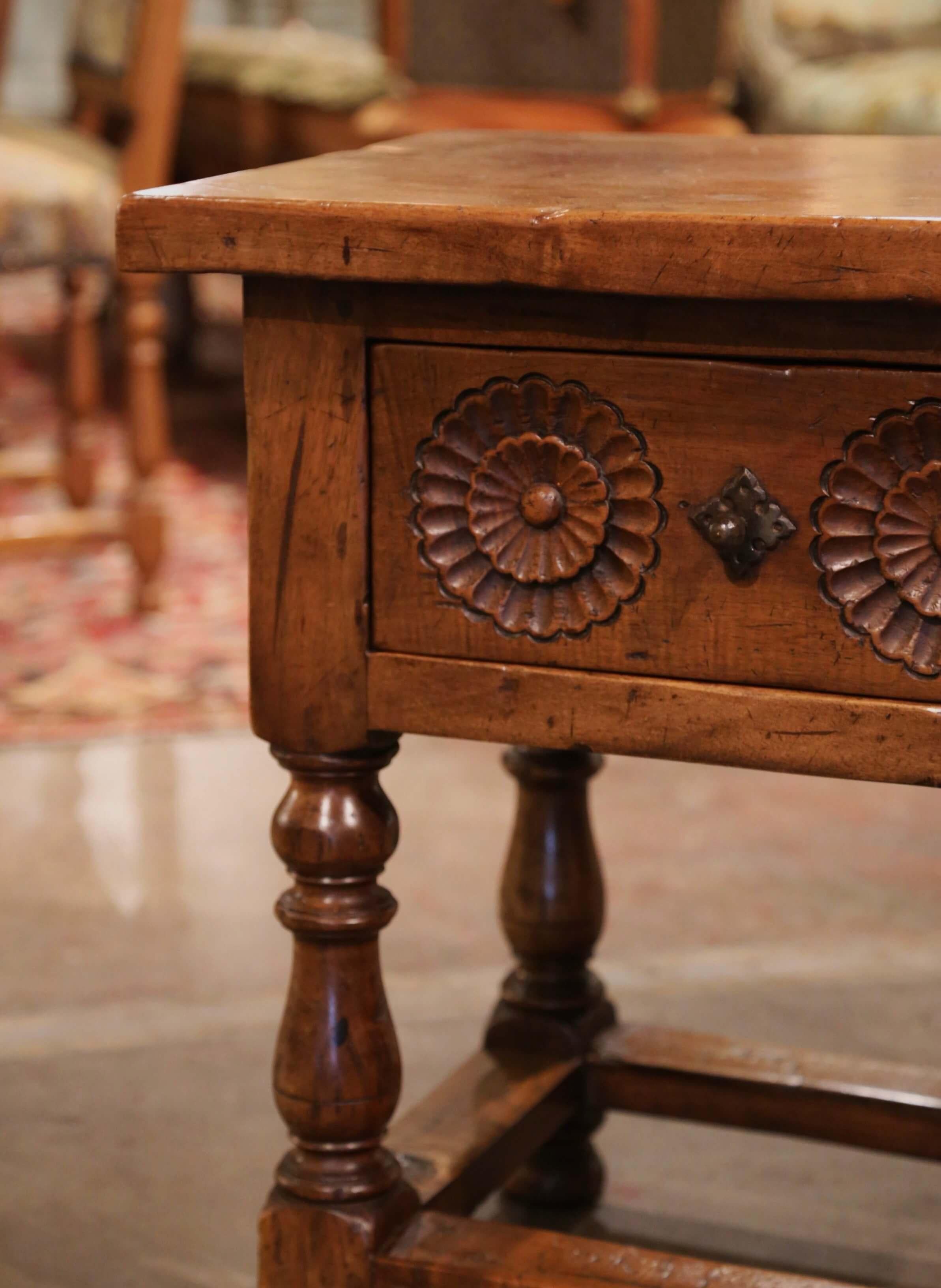 Hand-Carved 19th Century Spanish Louis XIII Carved Walnut Side Table on Turned Legs