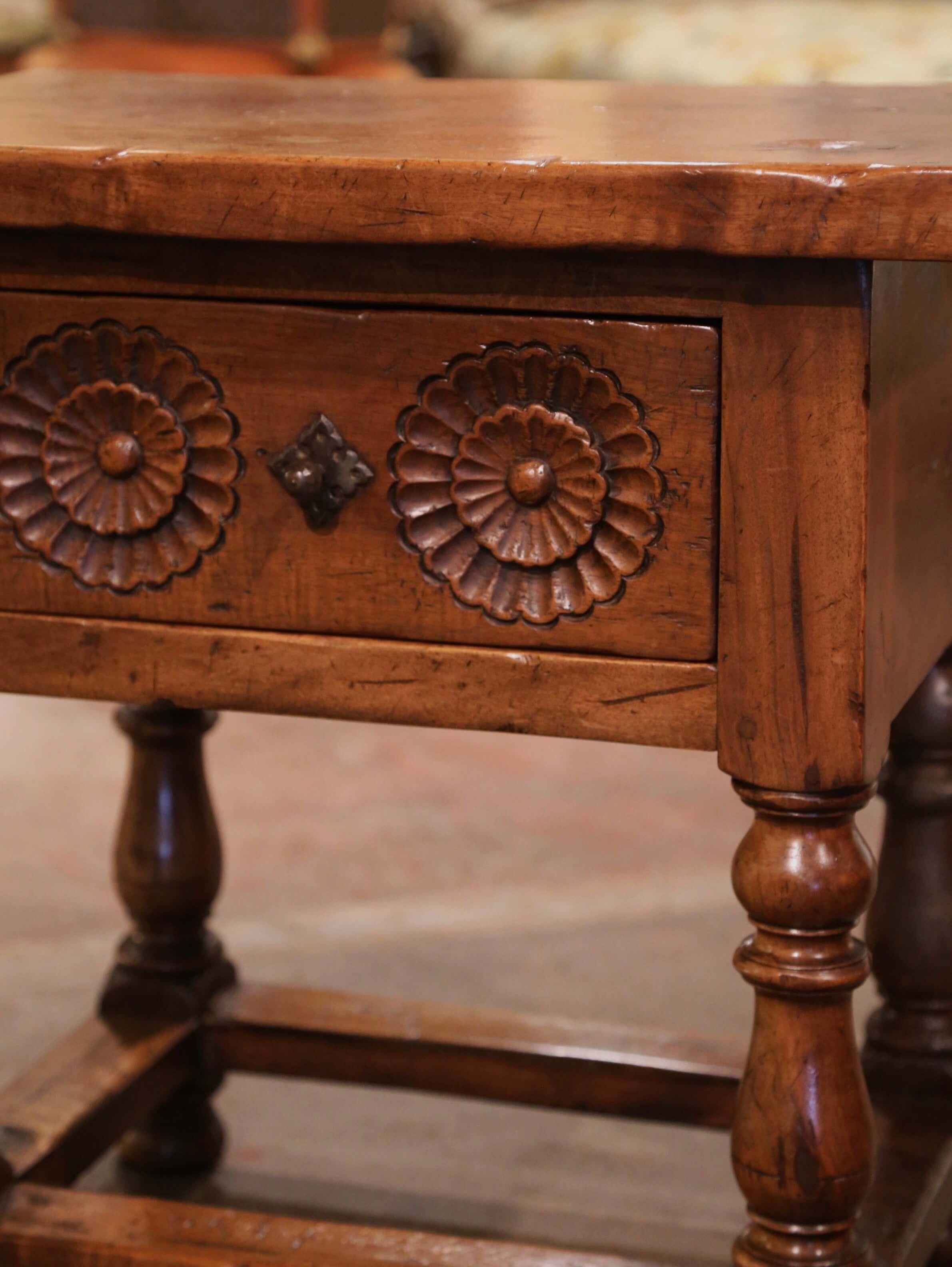 19th Century Spanish Louis XIII Carved Walnut Side Table on Turned Legs 2