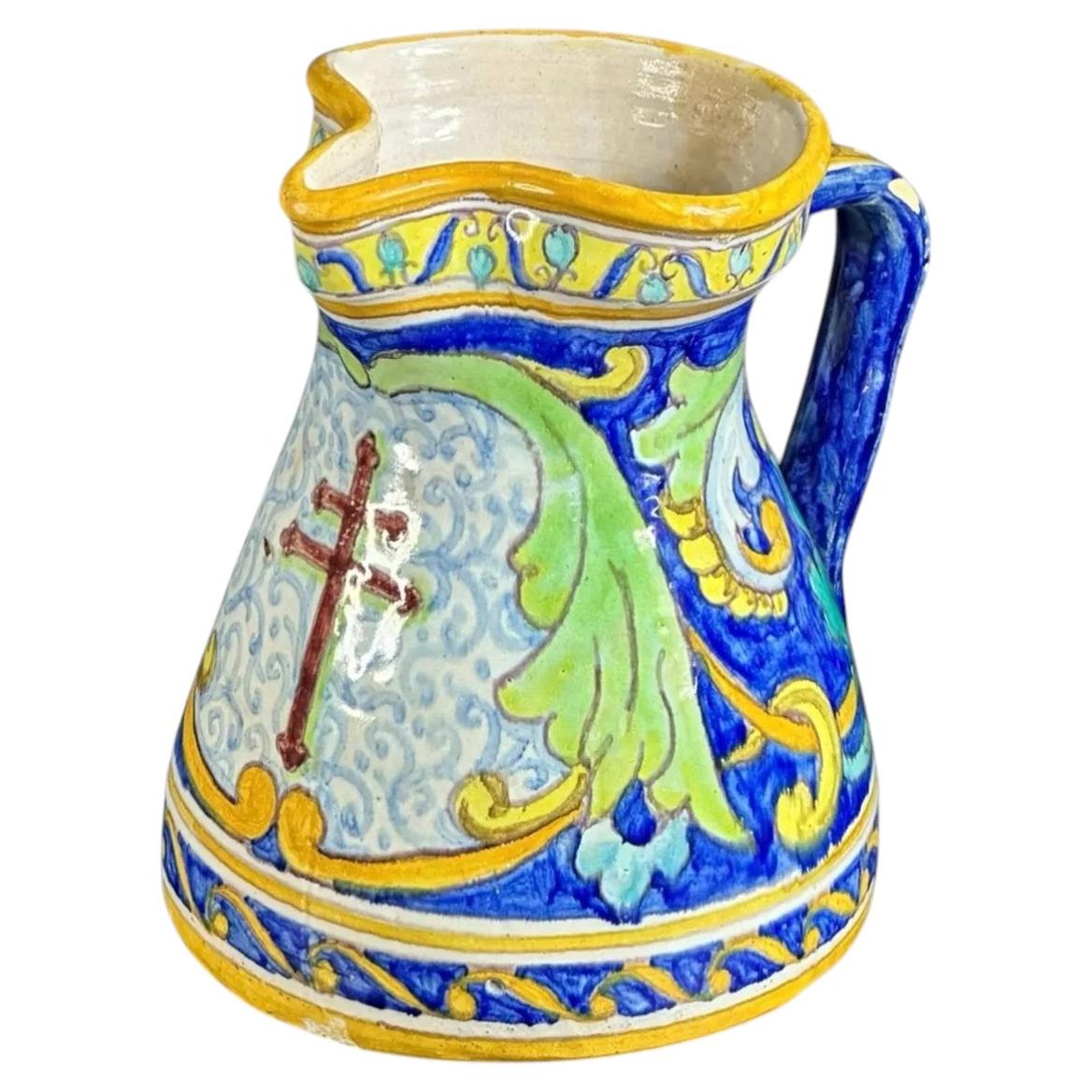 19th Century Spanish Majolica Jug with Cross Decoration For Sale