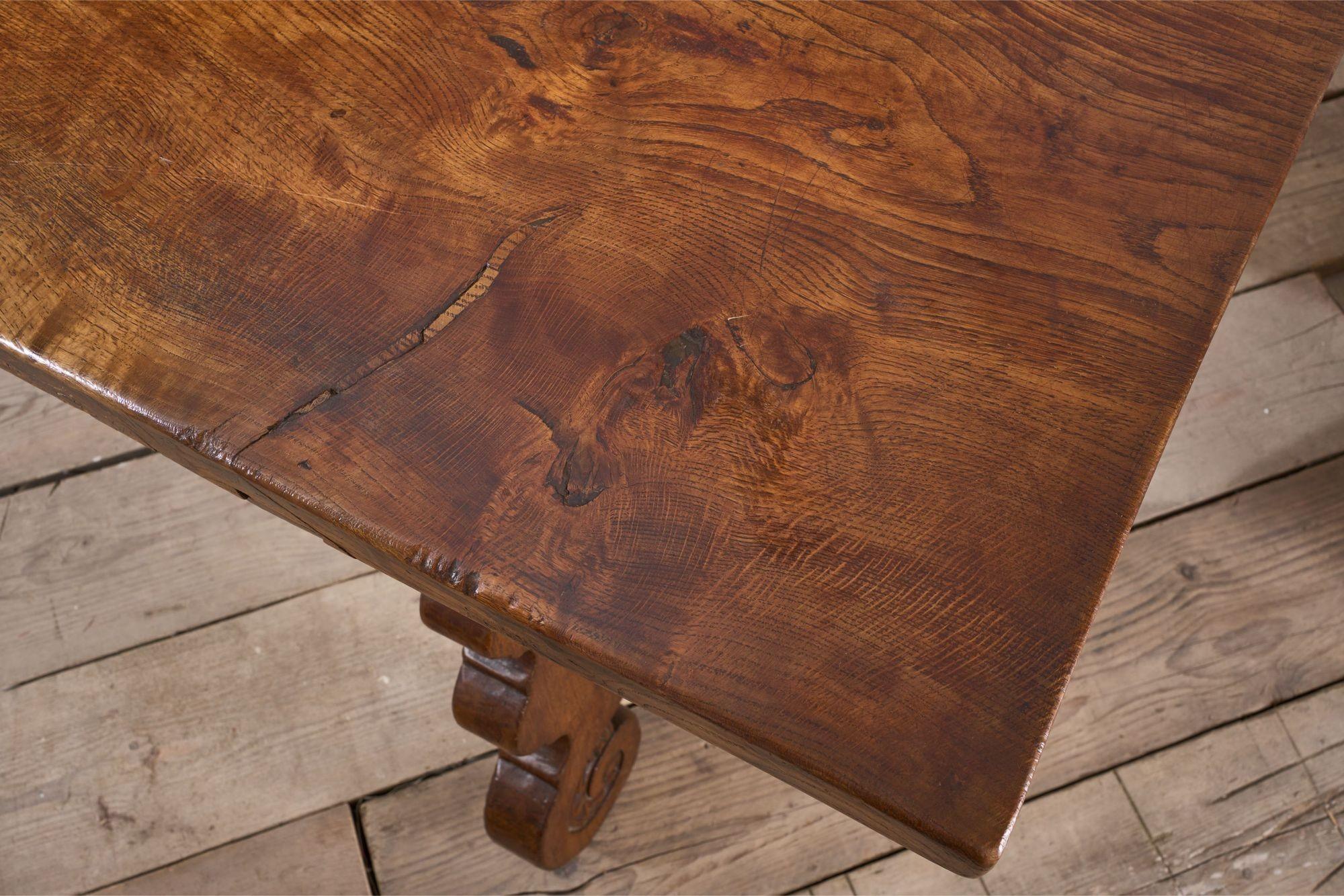 19th century Spanish oak dining table with single plank top 1