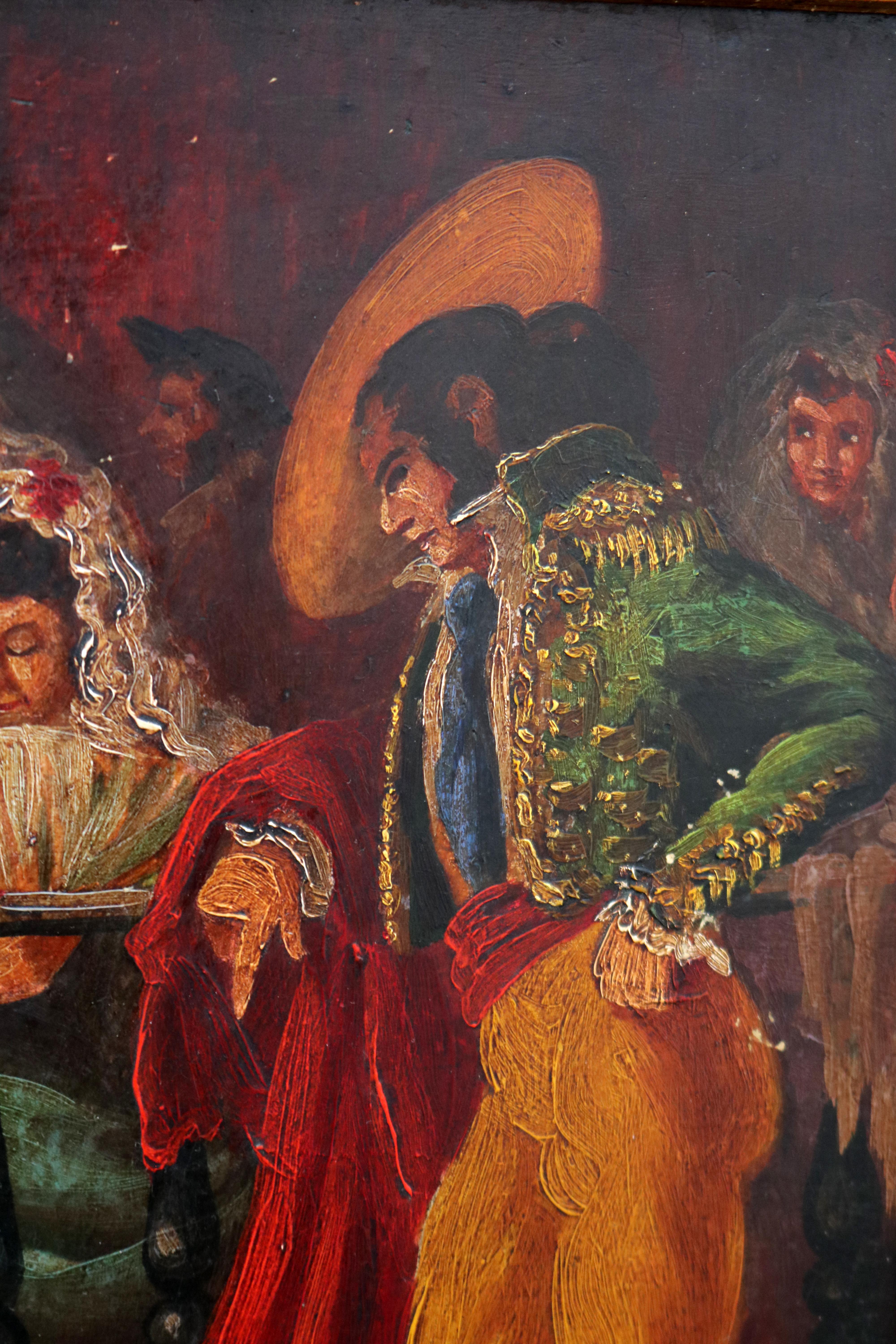 Hand-Painted 19th Century Spanish Oil on Wood Painting in Bullfighter Style For Sale