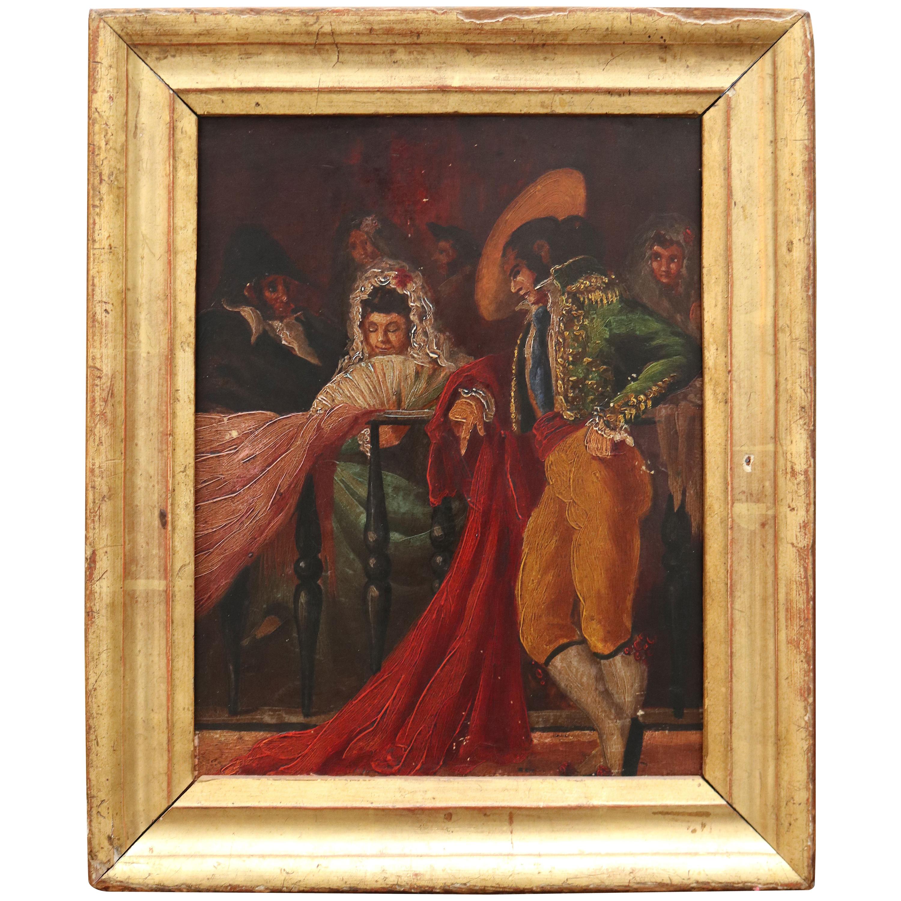 Peinture espagnole du 19ème siècle à l'huile sur bois de style chasseur de taureaux