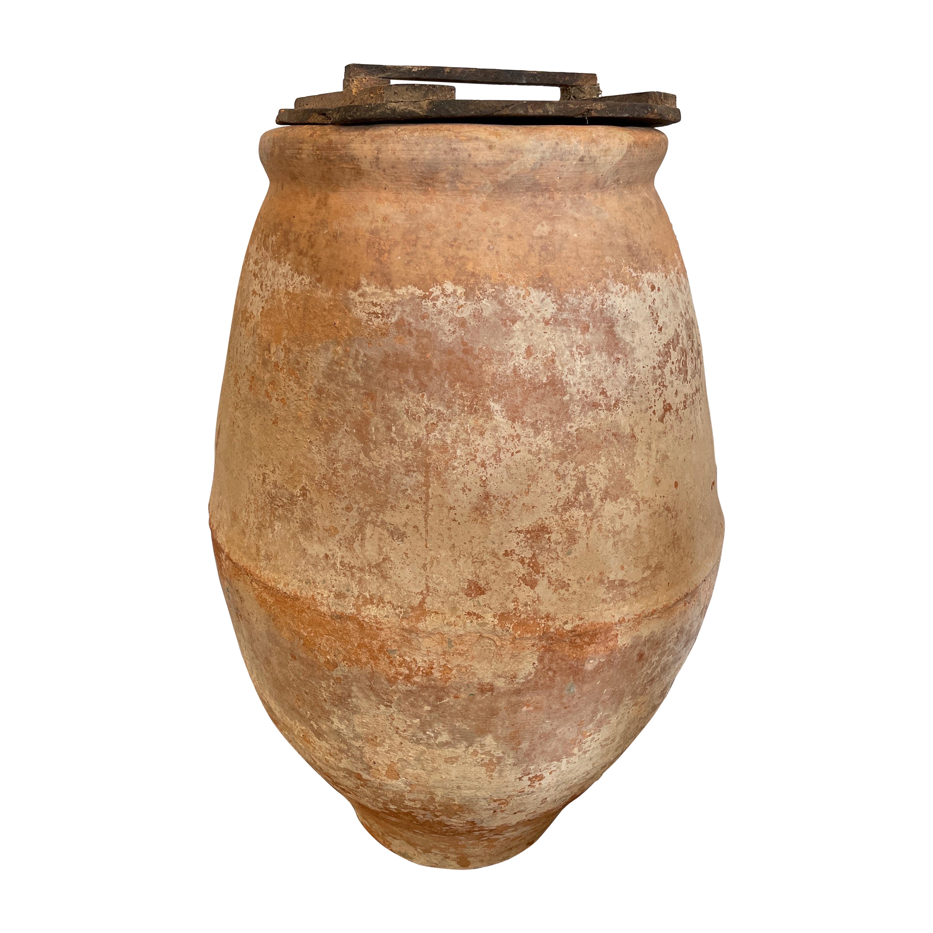 19th Century Spanish Olive Jar with White Patina and Wooden Top