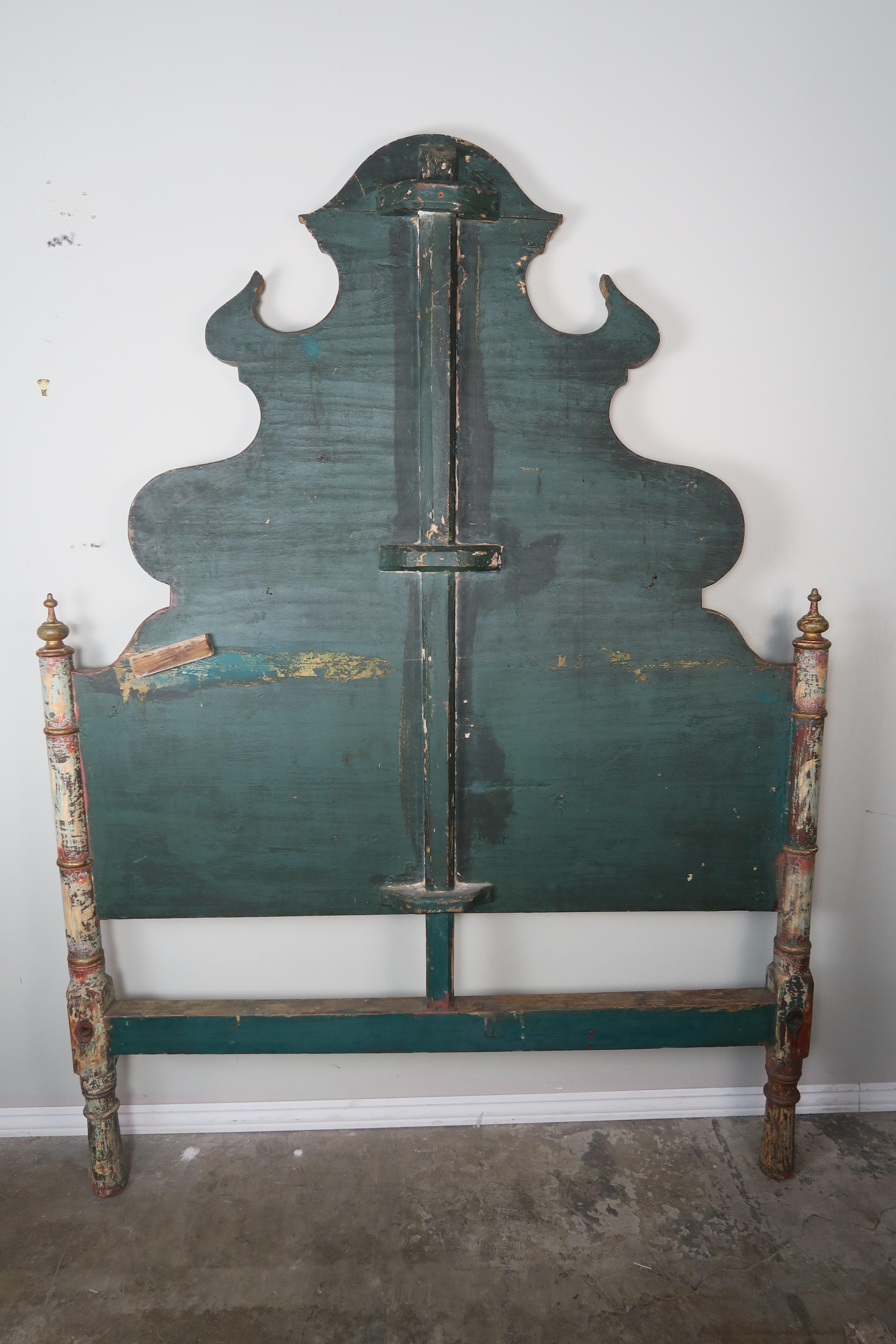 19th Century Spanish Painted and Parcel-Gilt Headboard In Distressed Condition In Los Angeles, CA