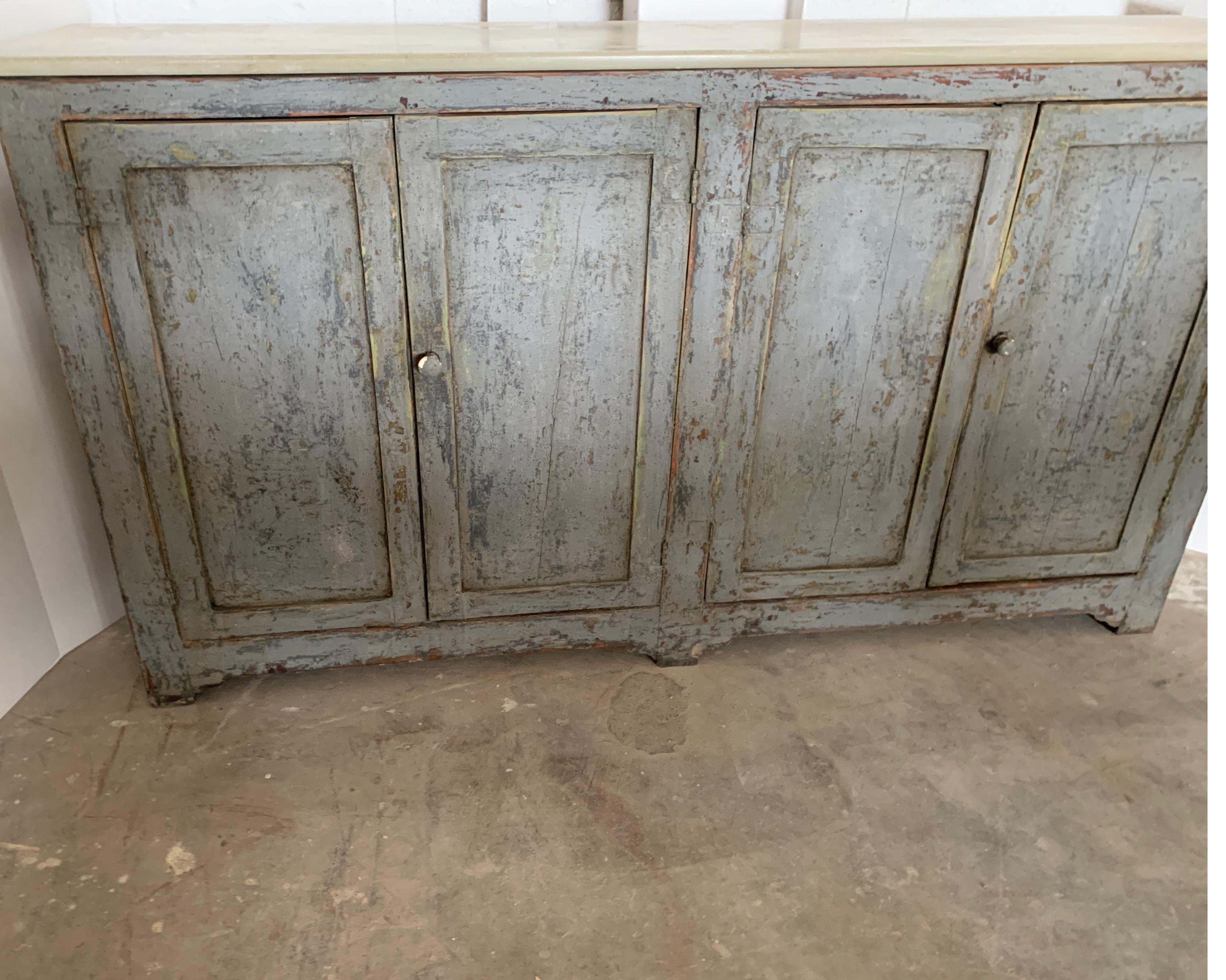 19th Century Spanish Painted Gray Four Door Buffet with Shelf and Marble Top 4