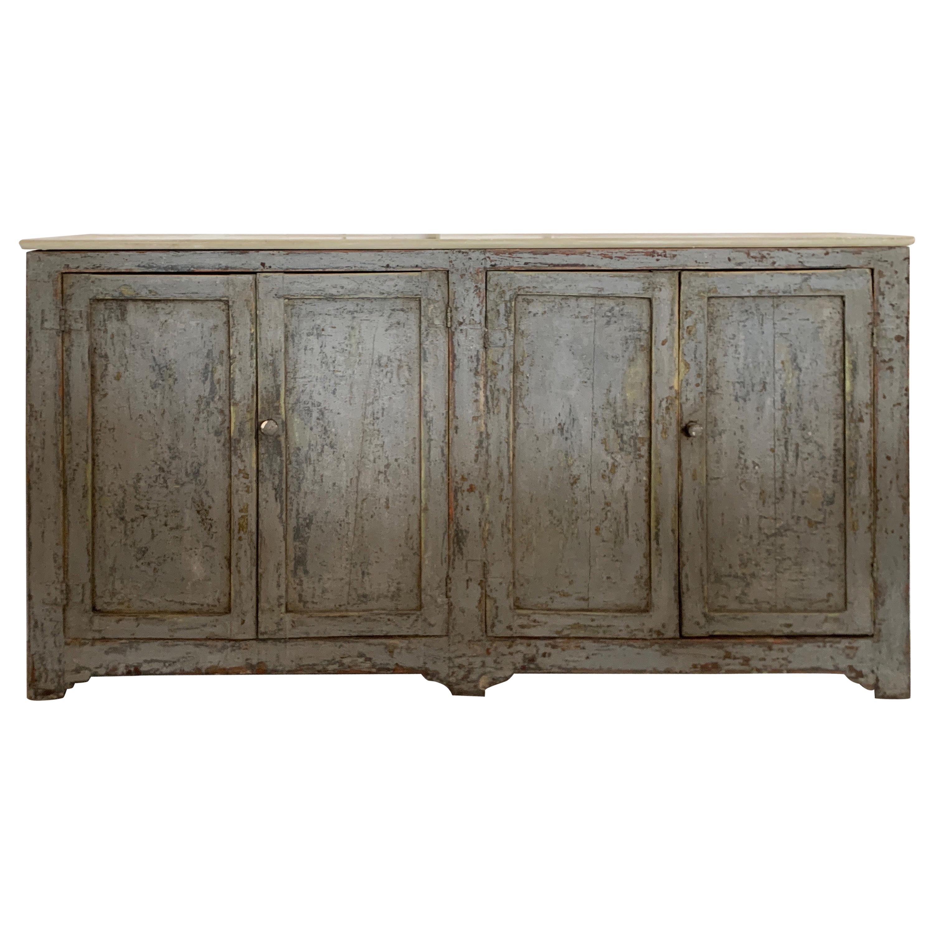 19th Century Spanish Painted Gray Four Door Buffet with Shelf and Marble Top
