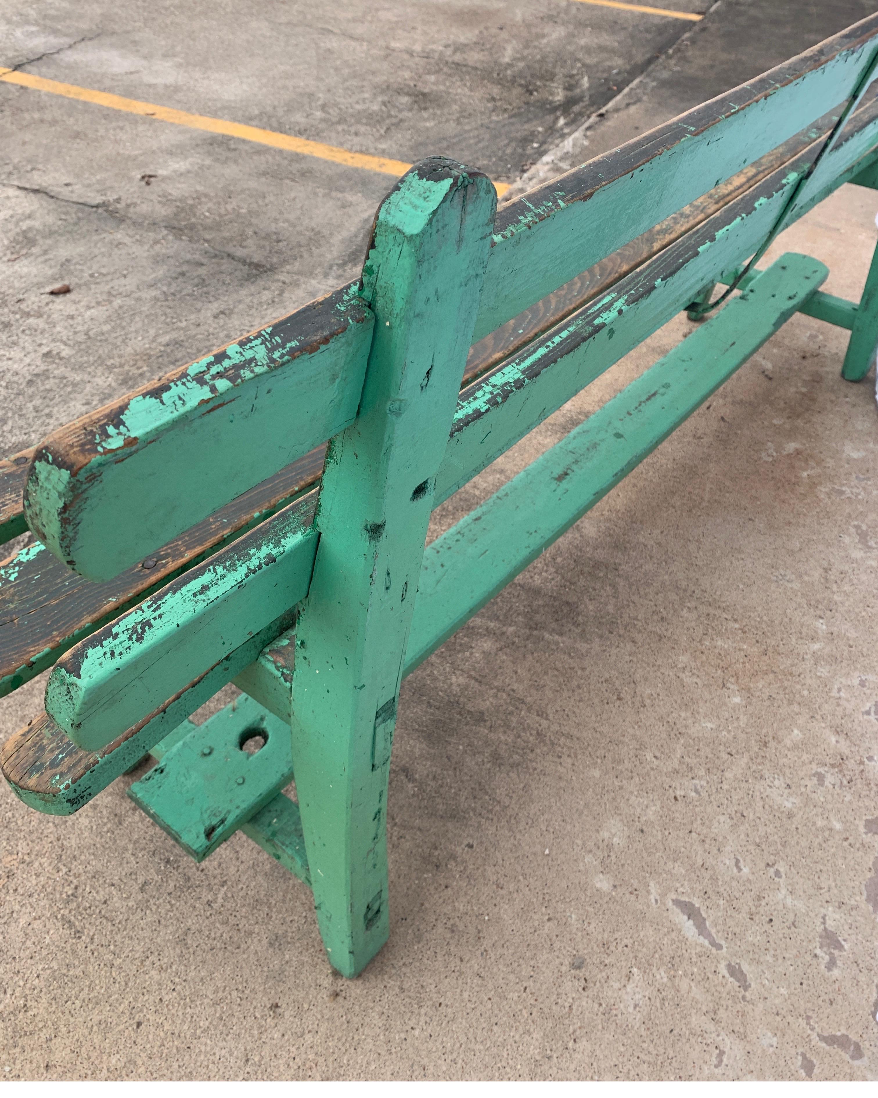 19th Century Spanish Painted Green Wooden Slat Back Bench 6