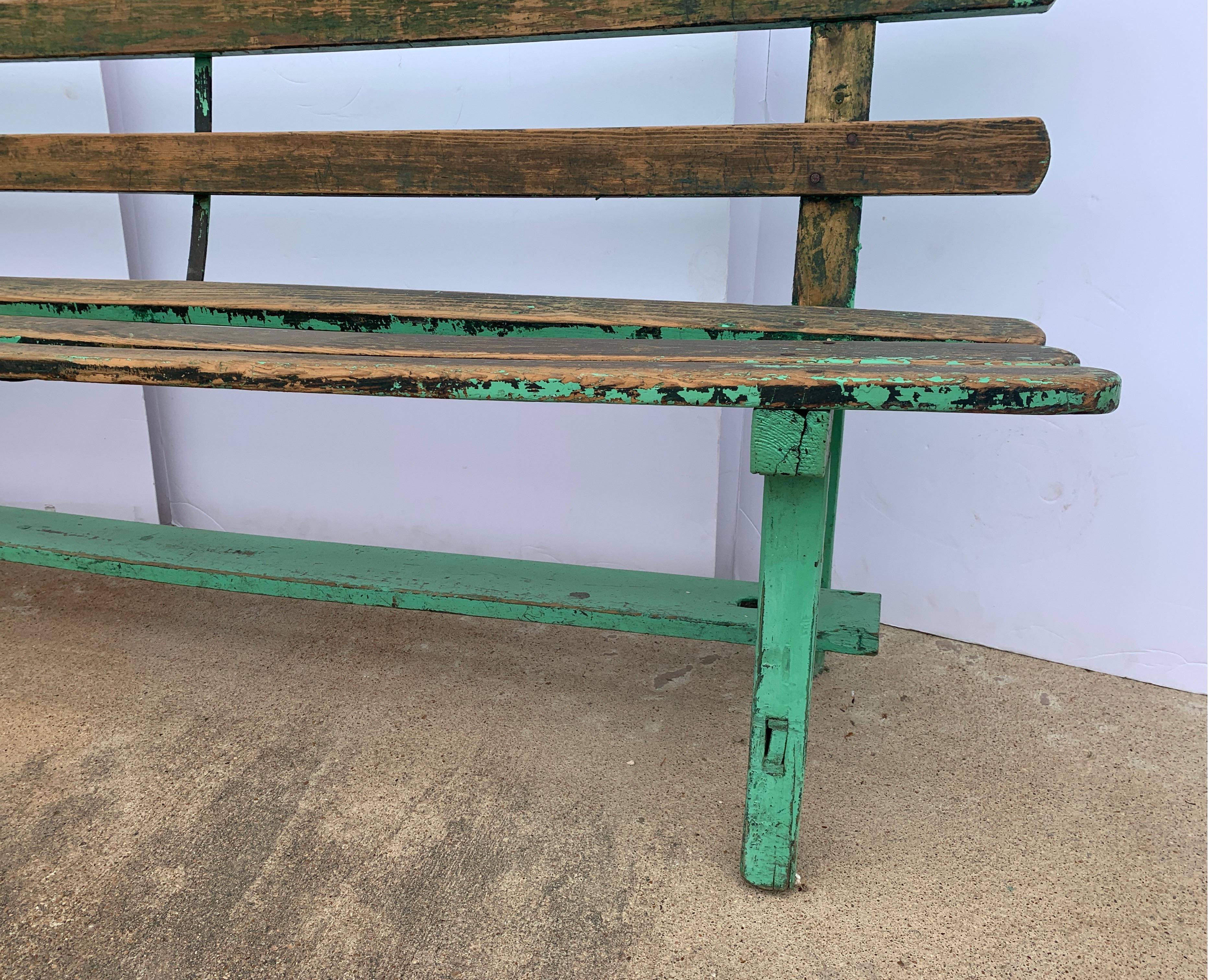 19th Century Spanish Painted Green Wooden Slat Back Bench In Good Condition In Houston, TX