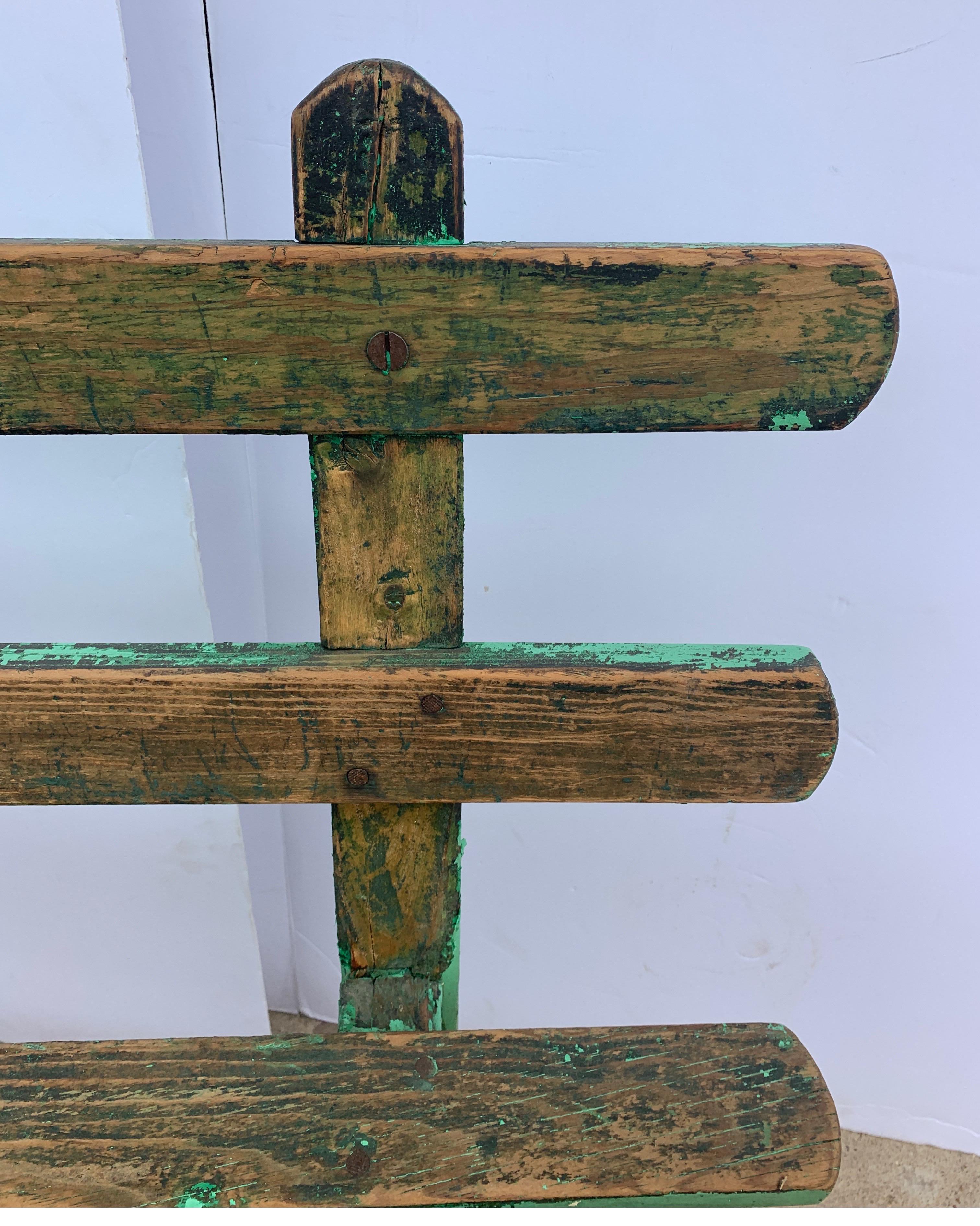 Pine 19th Century Spanish Painted Green Wooden Slat Back Bench