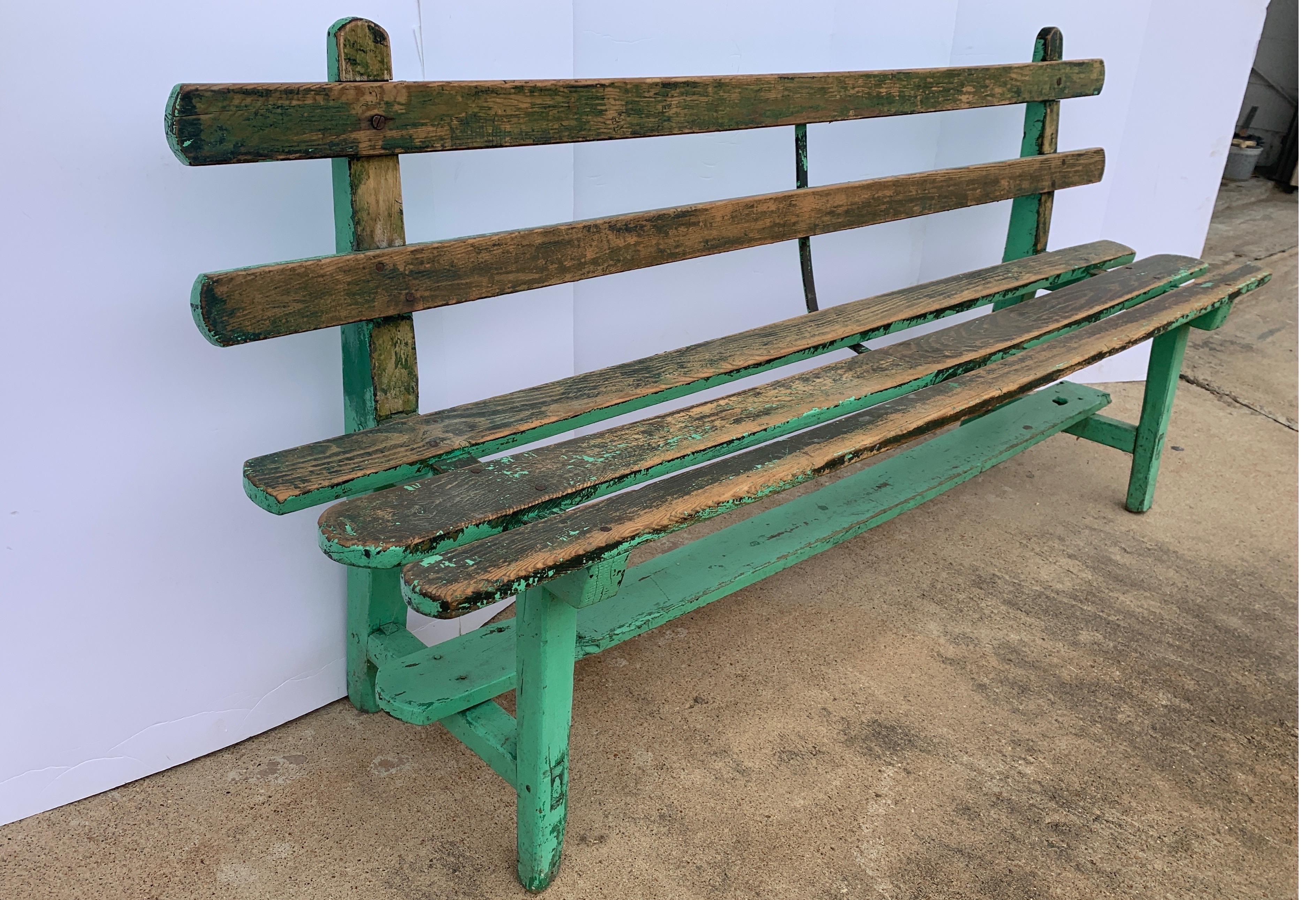 19th Century Spanish Painted Green Wooden Slat Back Bench 1