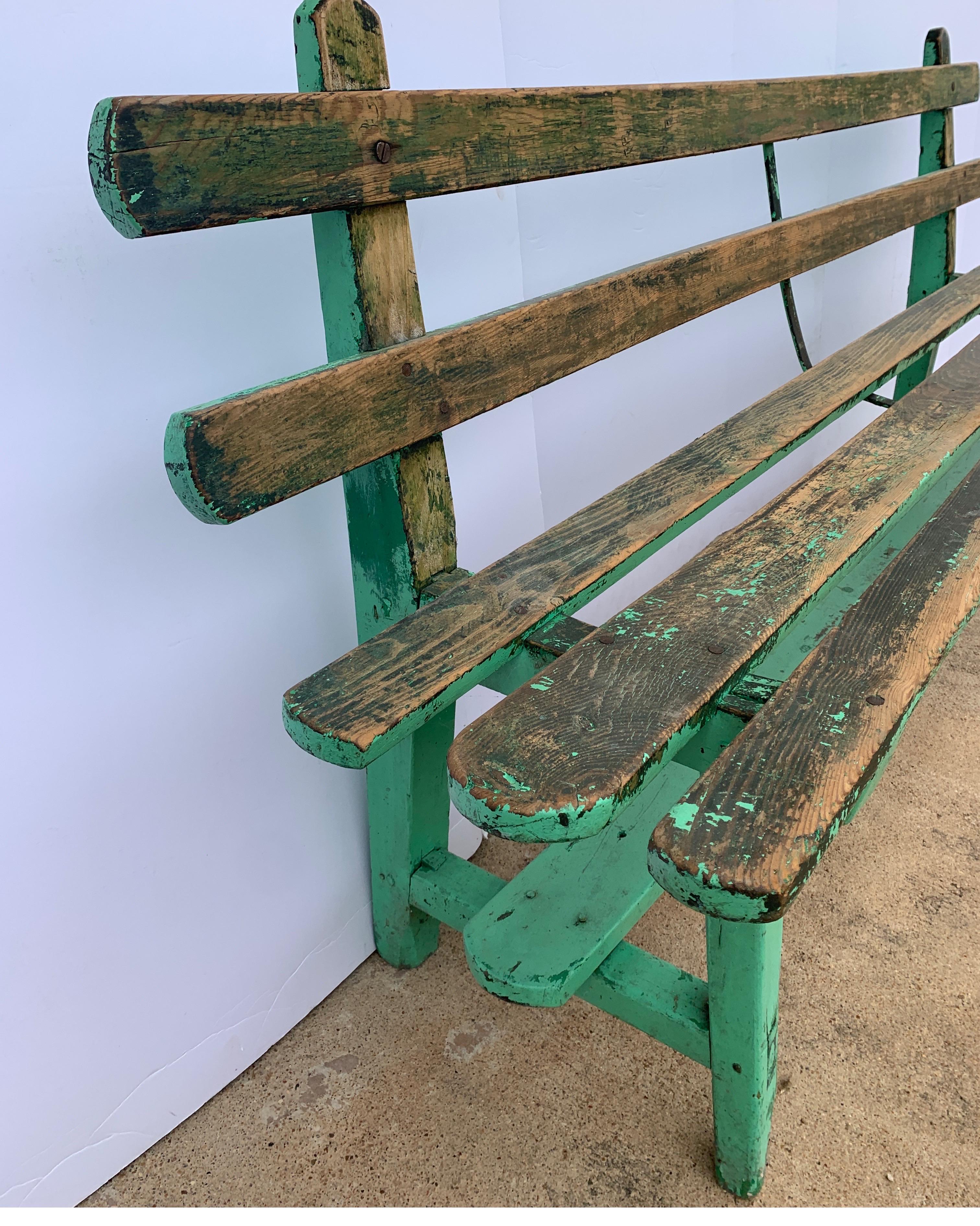 19th Century Spanish Painted Green Wooden Slat Back Bench 2
