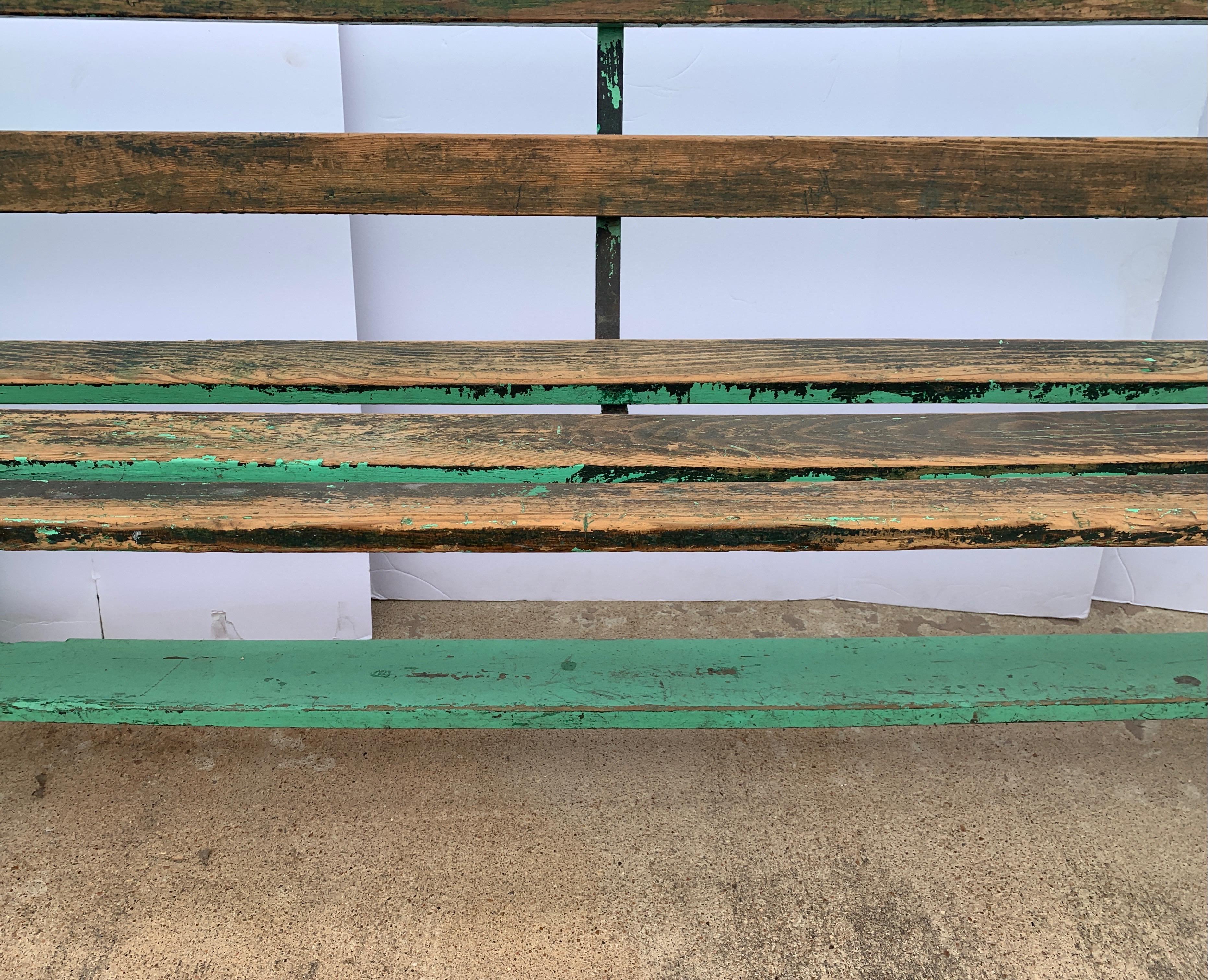 19th Century Spanish Painted Green Wooden Slat Back Bench 4