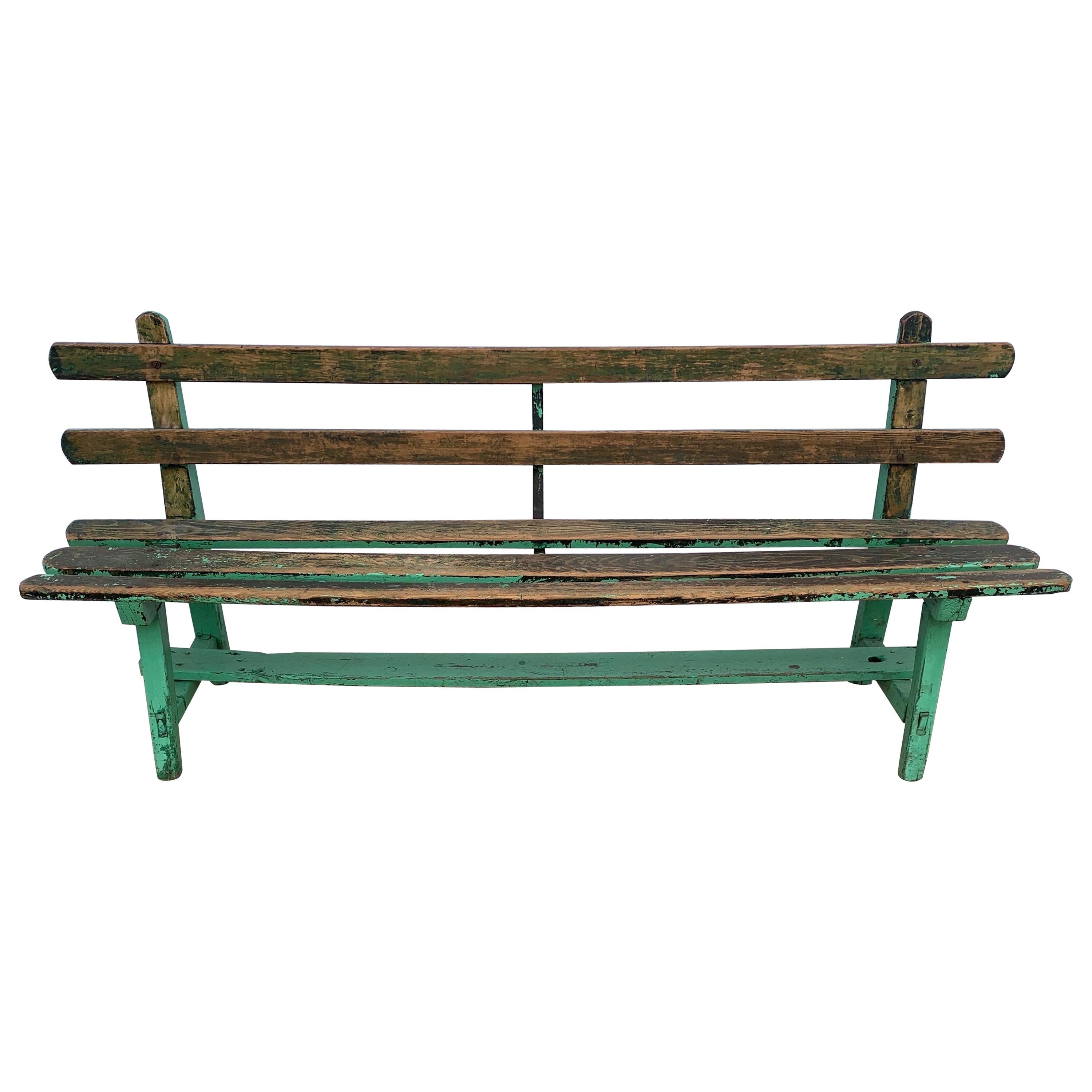 19th Century Spanish Painted Green Wooden Slat Back Bench