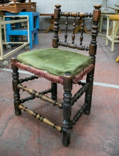 19th Century Spanish Pair of Chairs with Turned Feet and Velvet Upholstered Seat