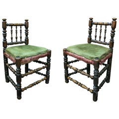 Antique 19th Century Spanish Pair of Chairs with Turned Feet and Velvet Upholstered Seat