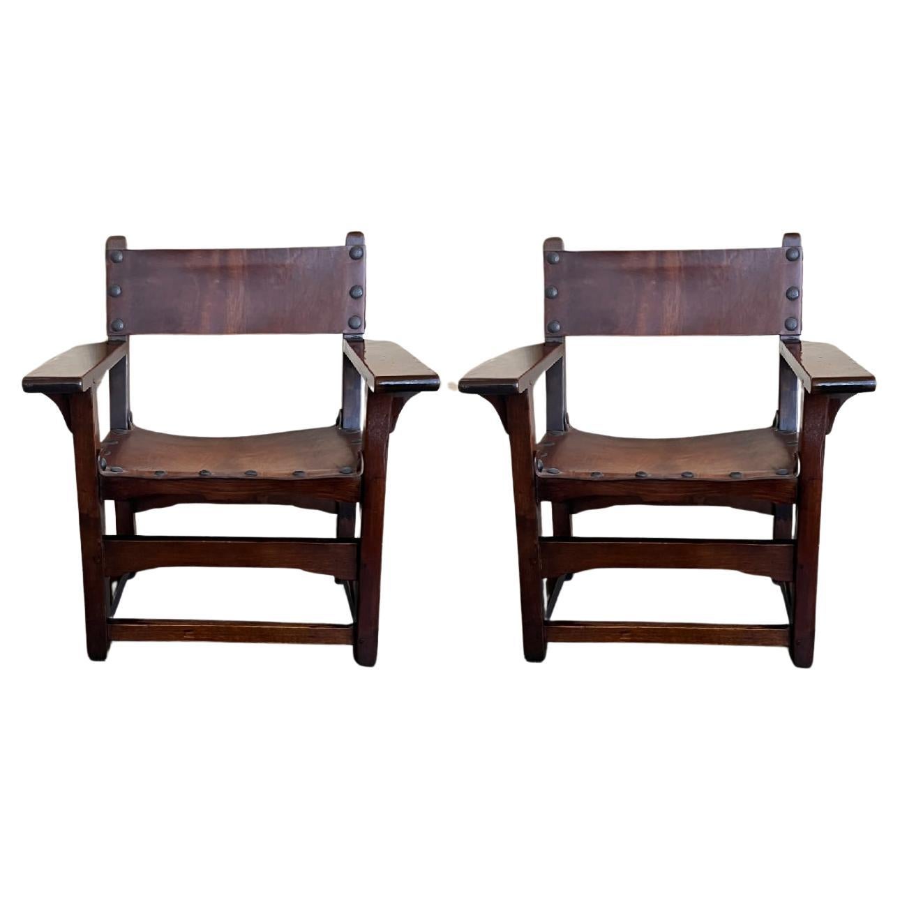 19th Century Spanish Pair of Colonial Carved Armchairs with Leather Seat & Back