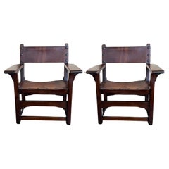 19th Century Spanish Pair of Colonial Carved Armchairs with Leather Seat & Back
