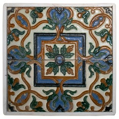 Vintage 19th Century Spanish Pair of "Cuerda Seca" Colored Glazed Ceramic Tiles Framed