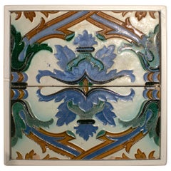 19th Century Spanish Pair of "Cuerda Seca" Colored Glazed Ceramic Tiles Framed