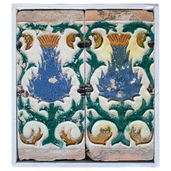 19th Century Spanish Pair of "Cuerda Seca" Colored Glazed Ceramic Tiles Framed