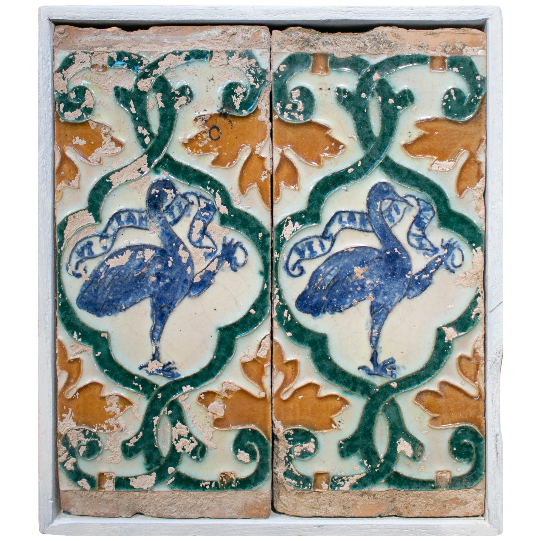 19th Century Spanish Pair of "Cuerda Seca" Colored Glazed Ceramic Tiles Framed