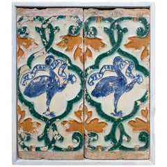 19th Century Spanish Pair of "Cuerda Seca" Colored Glazed Ceramic Tiles Framed