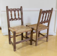 19th Century Spanish Pair of Olive Tree Chairs with Bulrush Seats