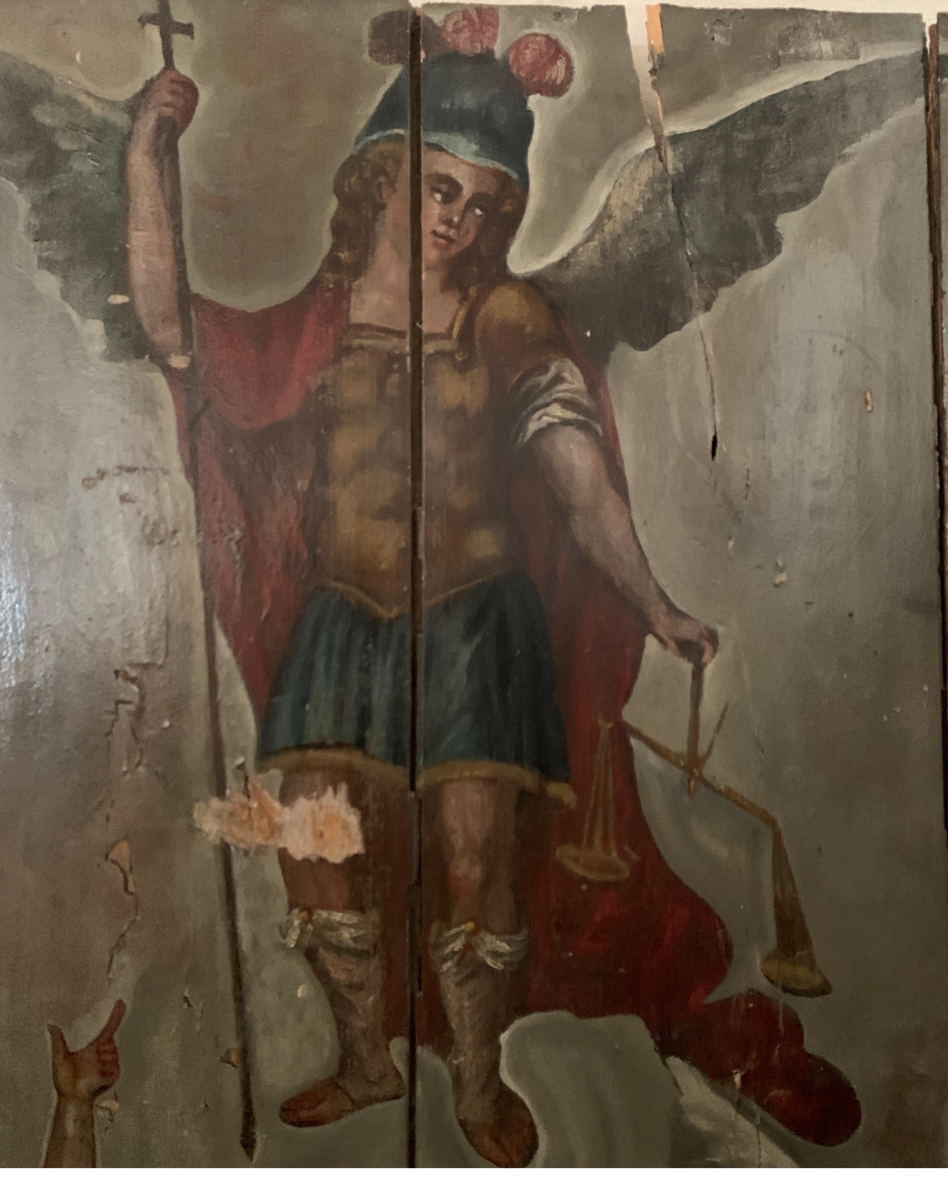 Panneau espagnol du 19ème siècle avec peinture de Saint Michel Archange en vente 3