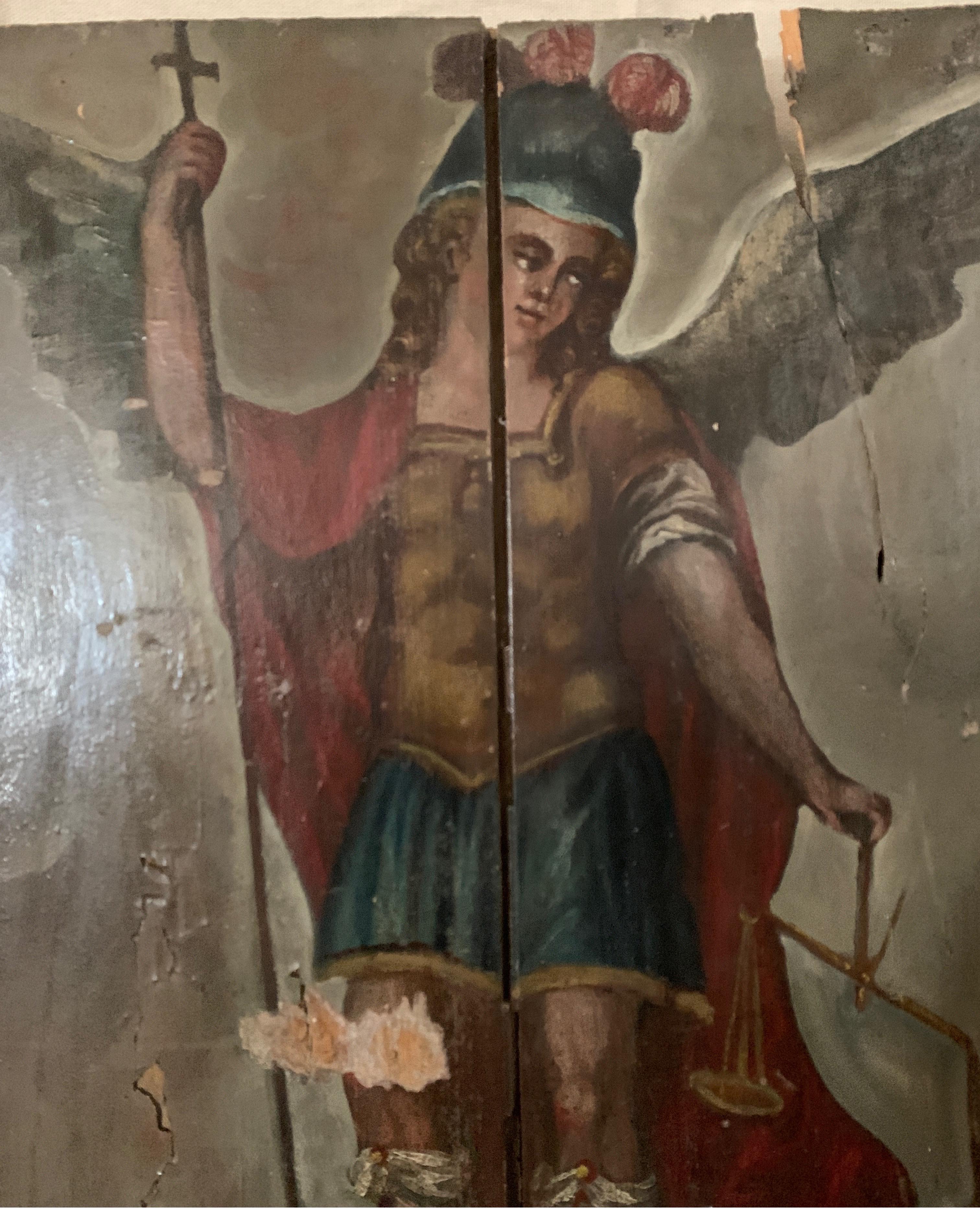 Panneau espagnol du 19ème siècle avec peinture de Saint Michel Archange en vente 4