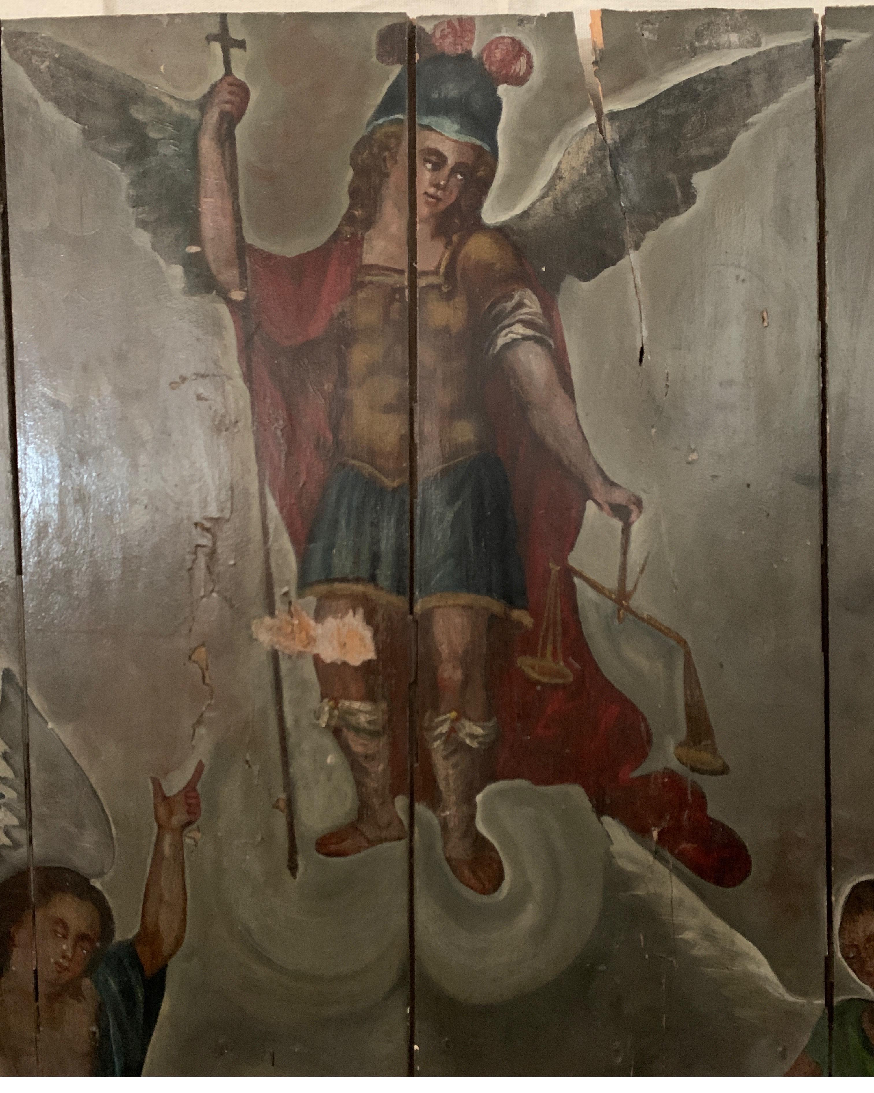 This is an old Spanish hand painted panel that's from a church alter. It's got nice colors and missing just a few spots. I have shown several closeups to see the quality. It's depicting Saint Michael the archangel and the descent into hades. Hades