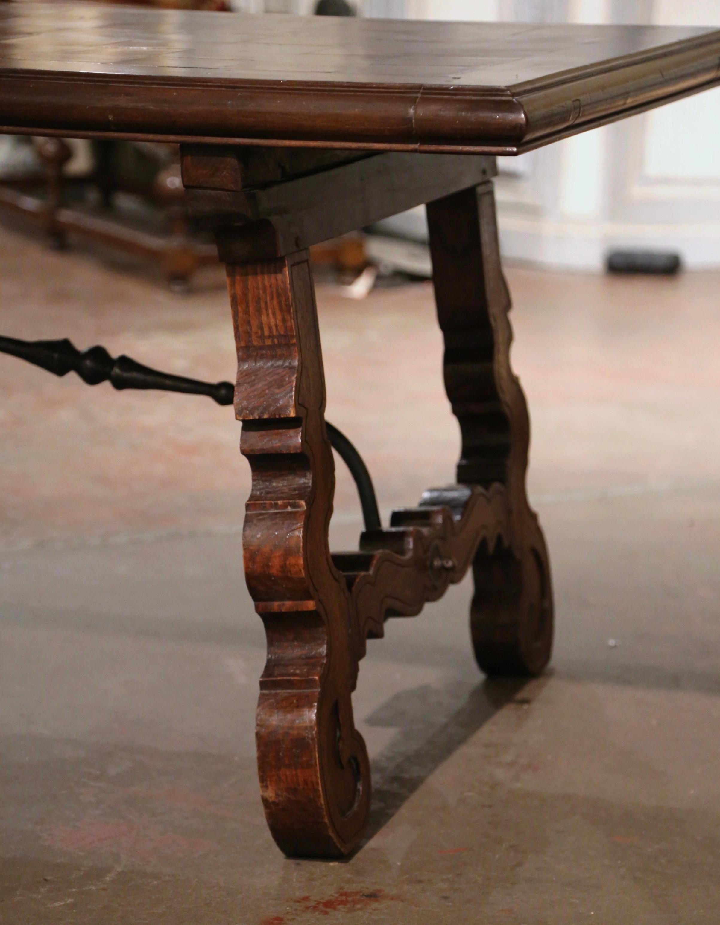 19th Century Spanish Parquet Top Carved Oak and Iron Dining Trestle Table 6