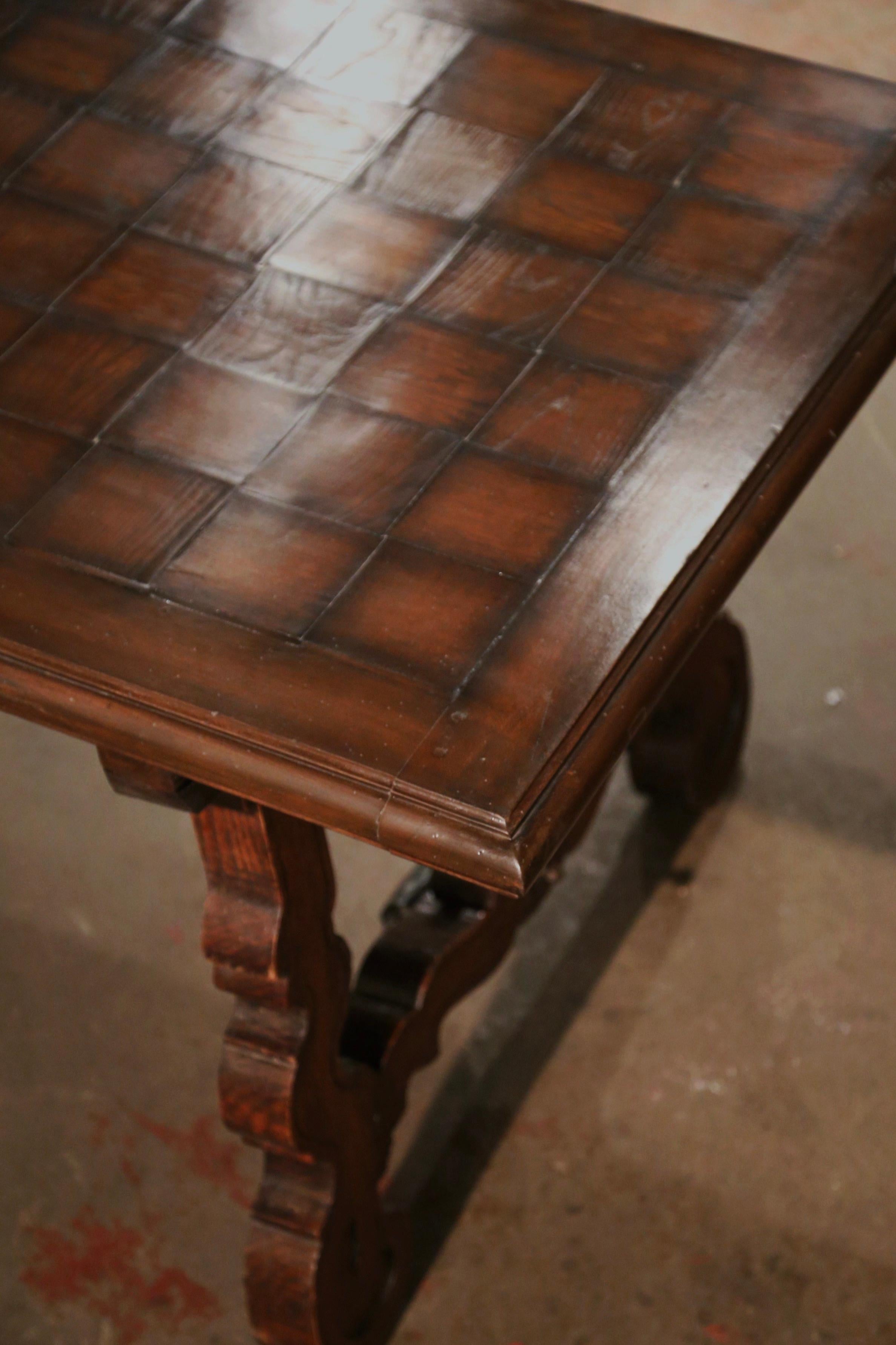 19th Century Spanish Parquet Top Carved Oak and Iron Dining Trestle Table 7
