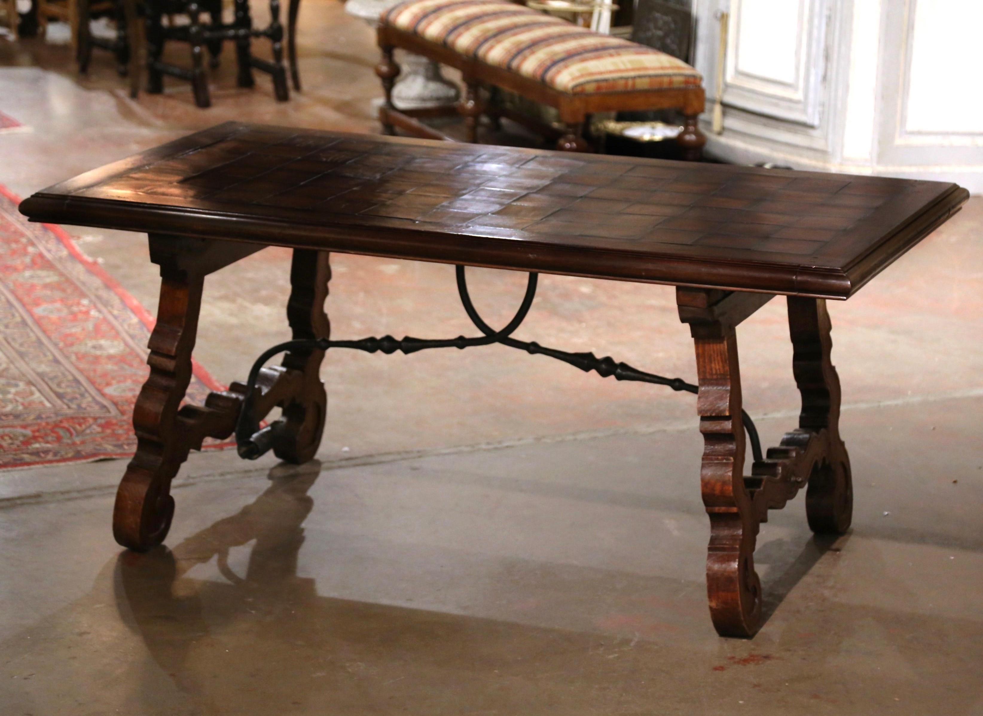 Baroque 19th Century Spanish Parquet Top Carved Oak and Iron Dining Trestle Table