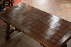 19th Century Spanish Parquet Top Carved Oak and Iron Dining Trestle Table