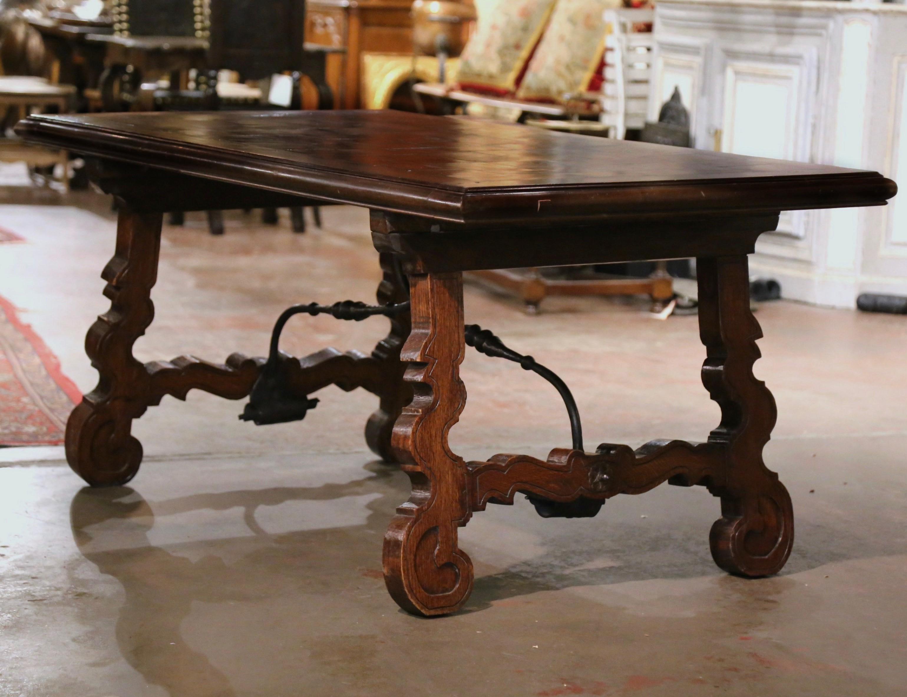Hand-Carved 19th Century Spanish Parquet Top Carved Oak and Iron Dining Trestle Table