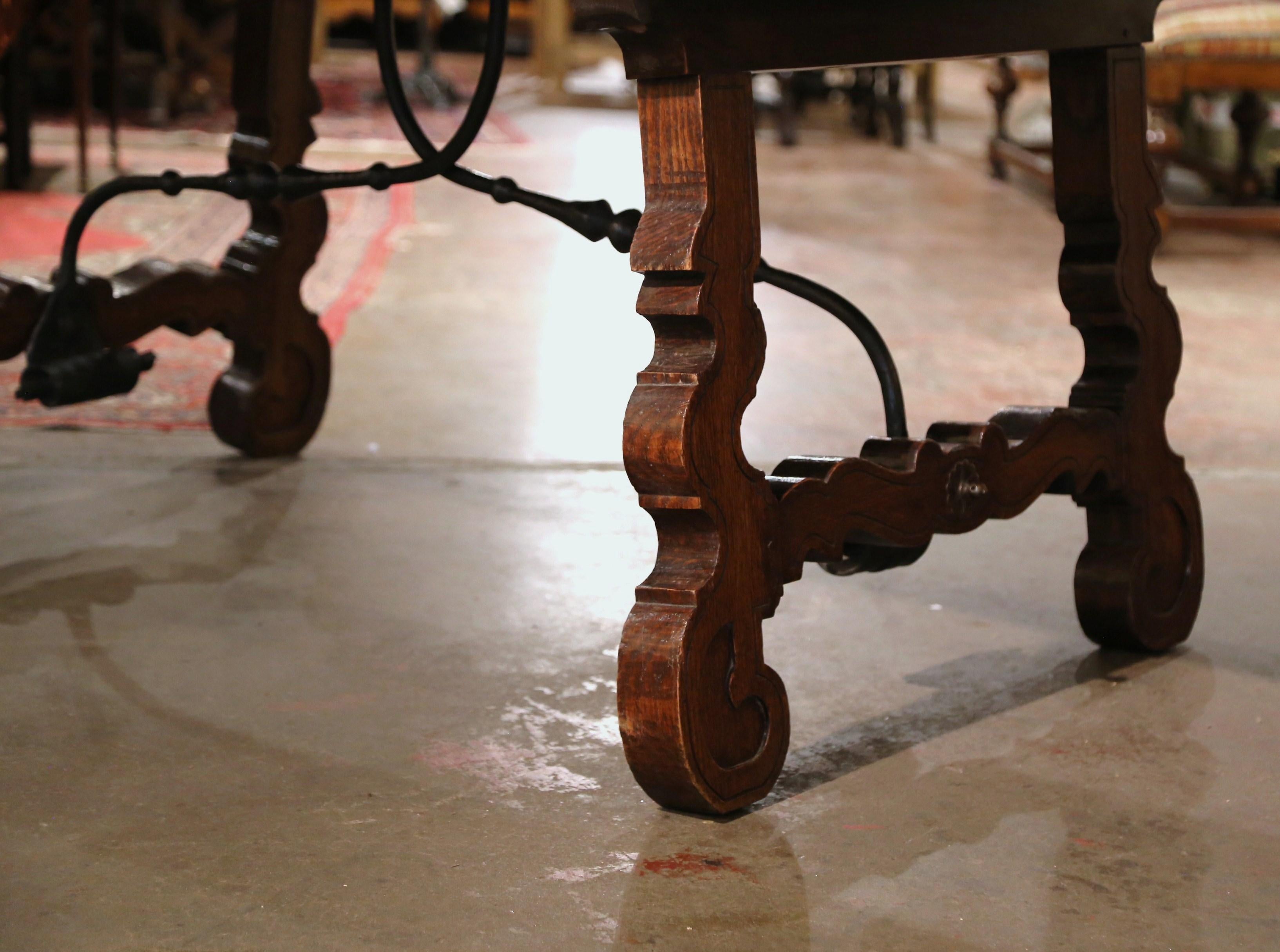 19th Century Spanish Parquet Top Carved Oak and Iron Dining Trestle Table In Excellent Condition In Dallas, TX