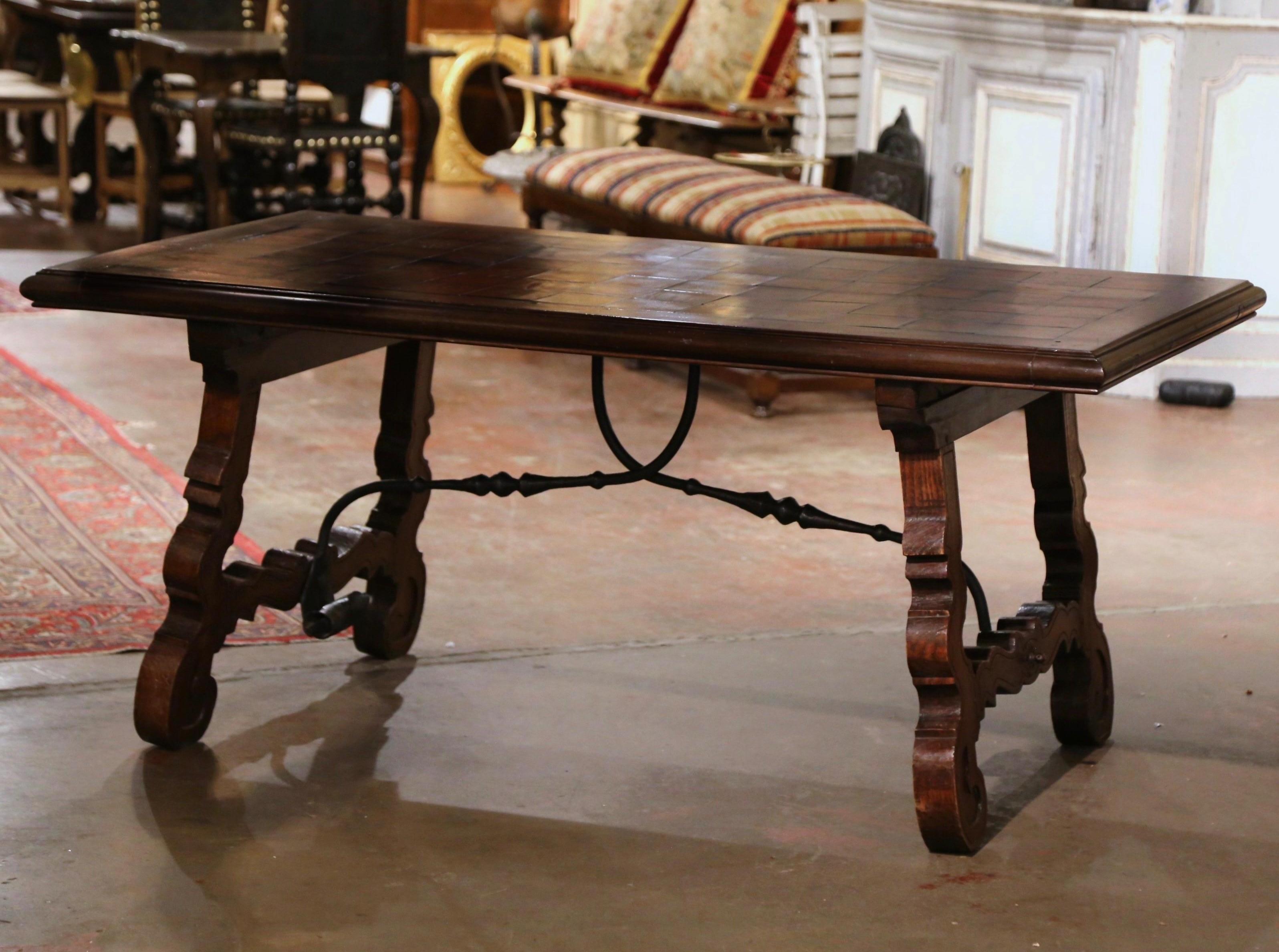 19th Century Spanish Parquet Top Carved Oak and Iron Dining Trestle Table 1