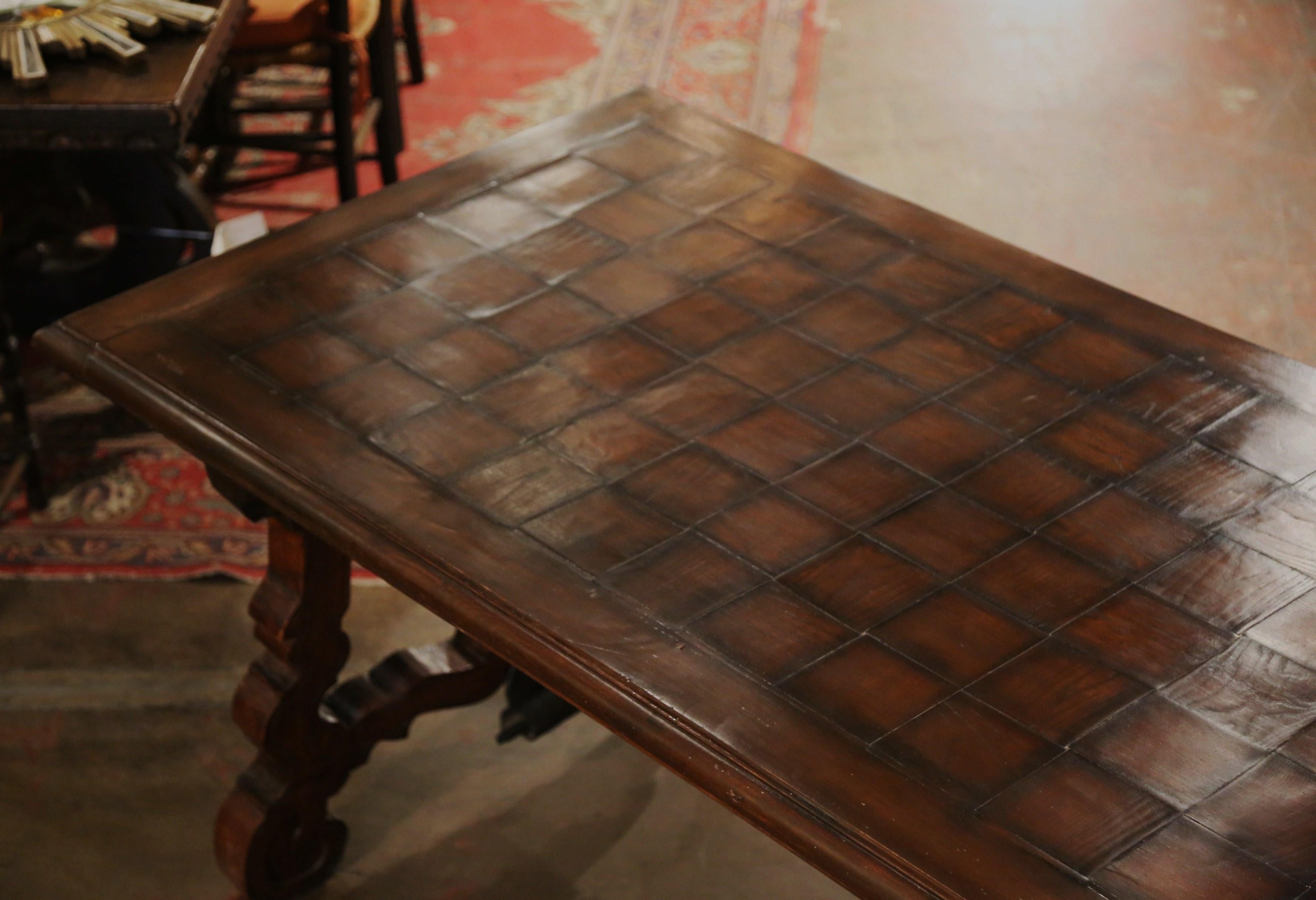19th Century Spanish Parquet Top Carved Oak and Iron Dining Trestle Table 2