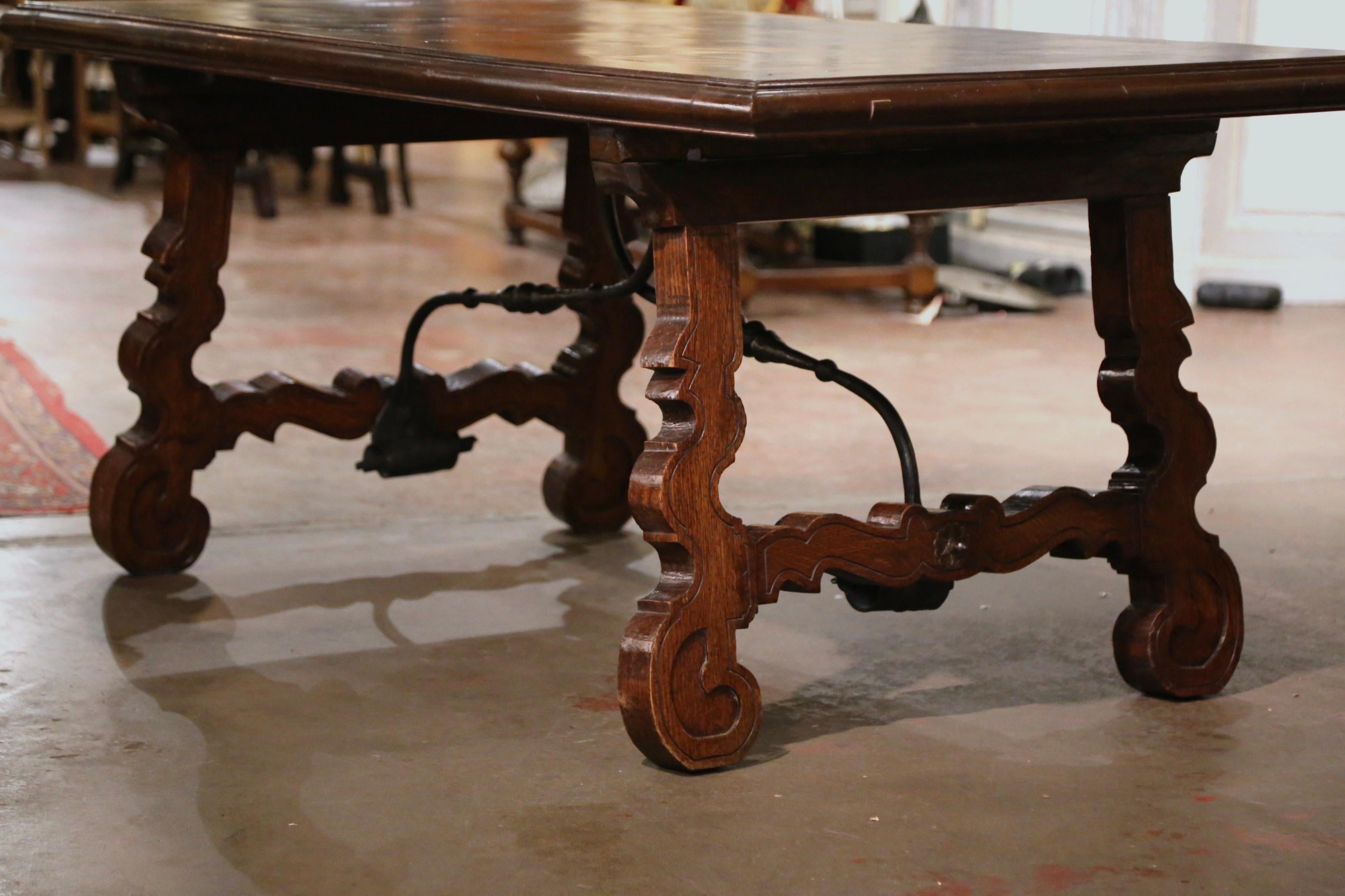 19th Century Spanish Parquet Top Carved Oak and Iron Dining Trestle Table 3