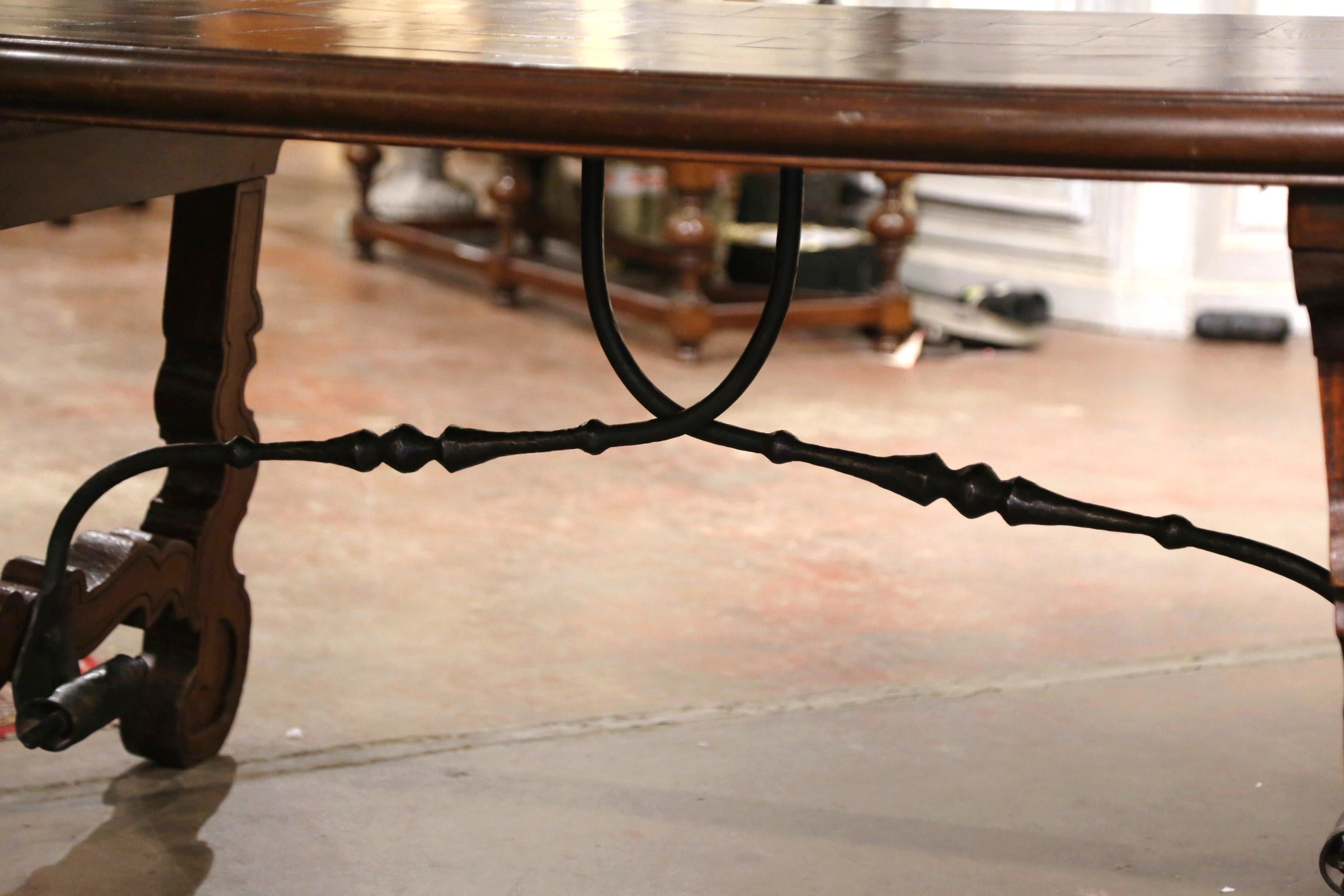 19th Century Spanish Parquet Top Carved Oak and Iron Dining Trestle Table 4