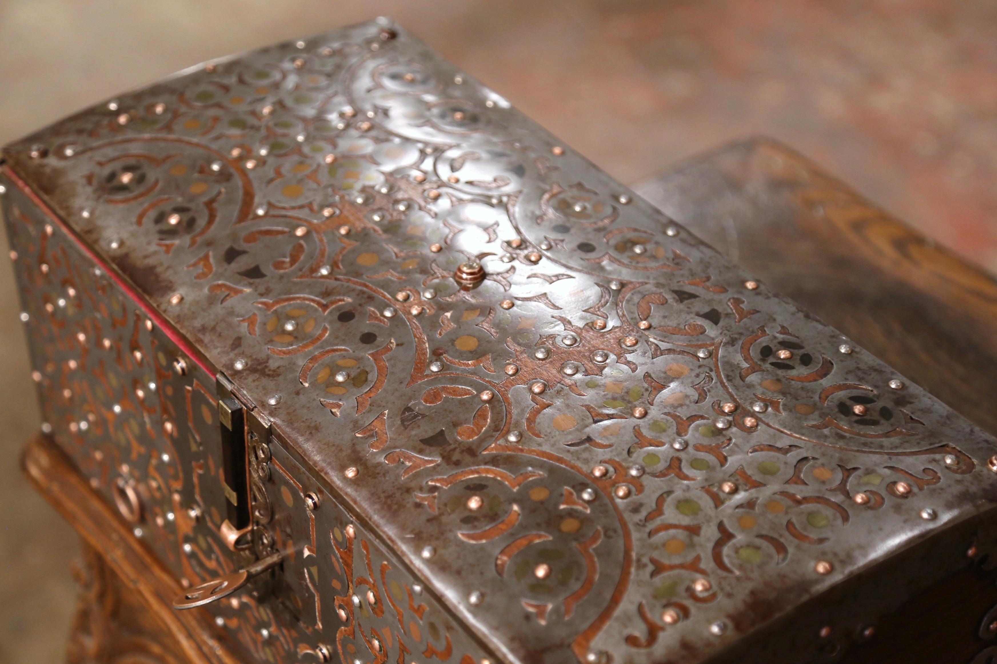 French 19th Century Spanish Polished Iron Box with Pierced Engraved Geometric Motifs For Sale