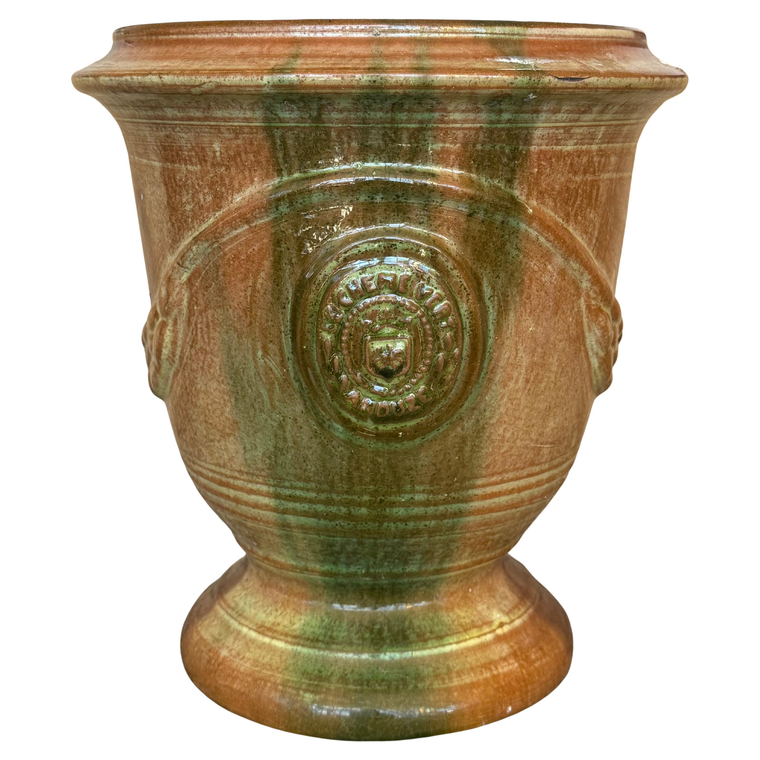 Jardiniere en poterie espagnole du 19e siècle à glaçure verte
