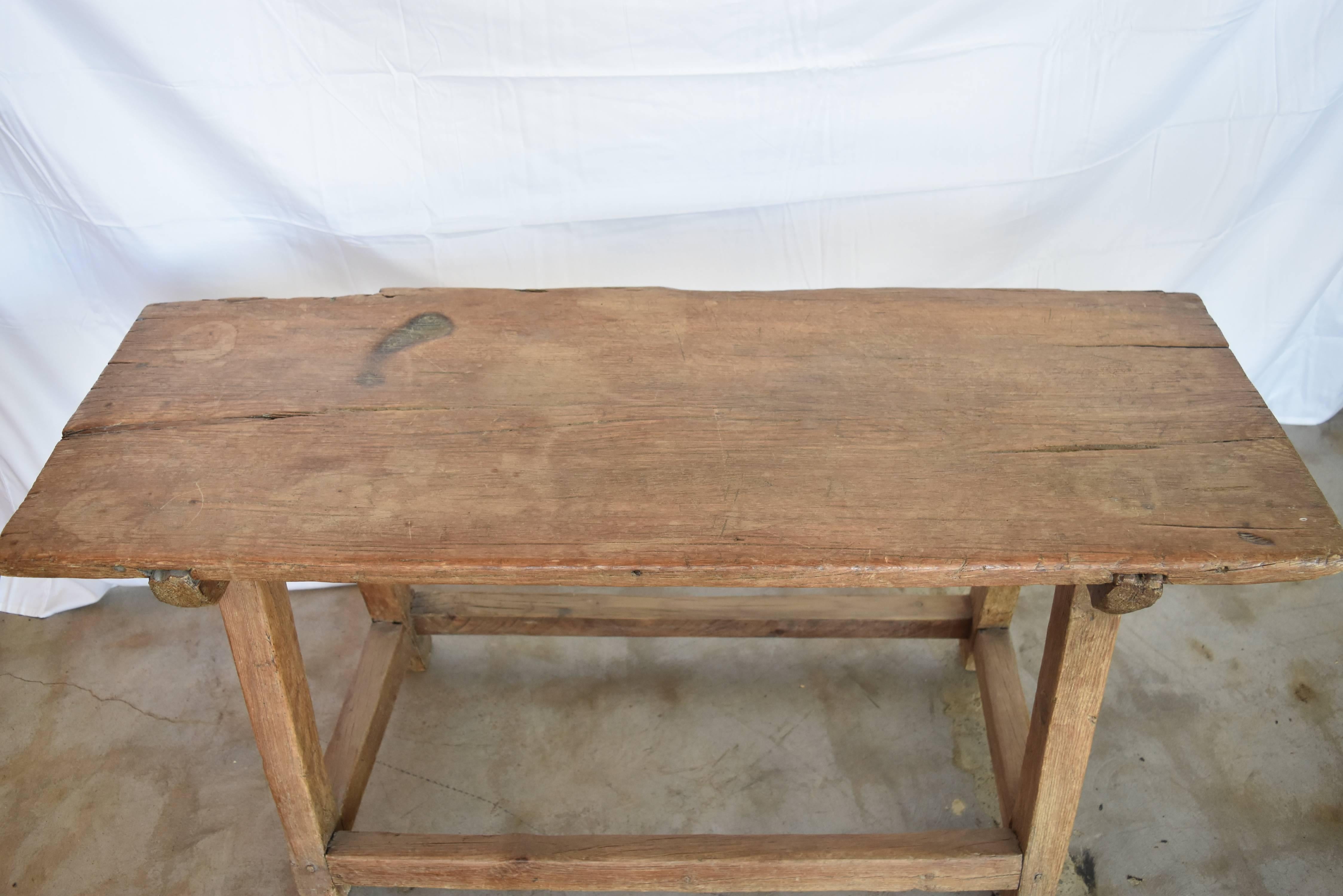 19th Century Spanish Primitive Chestnut Table/Bench Pegged and Tongue and Groove In Distressed Condition In Houston, TX