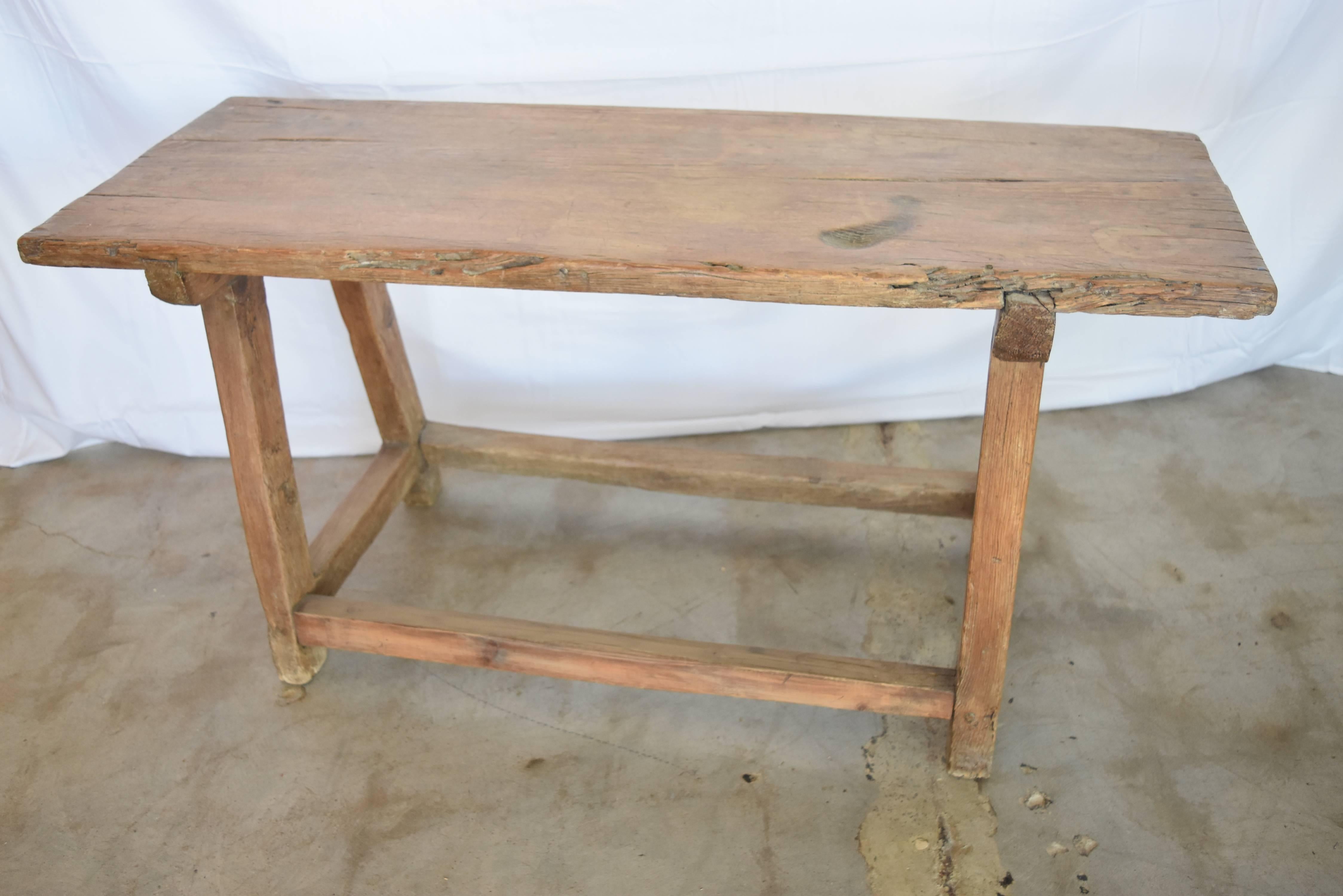 19th Century Spanish Primitive Chestnut Table/Bench Pegged and Tongue and Groove 1