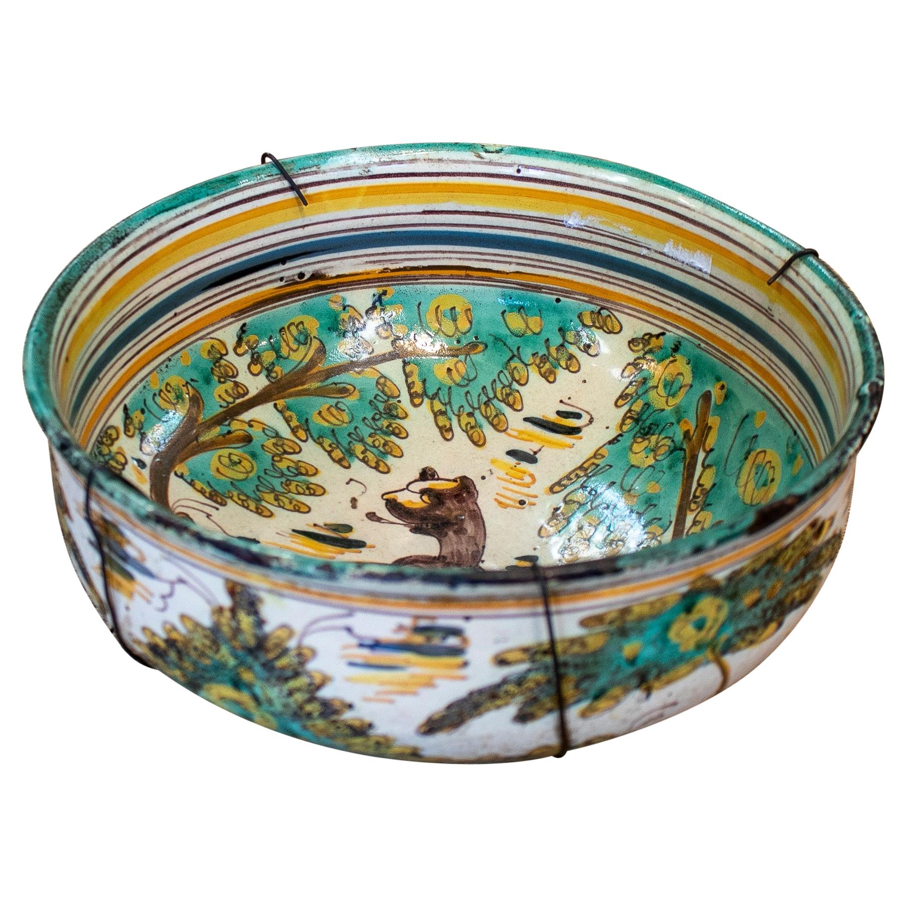 19th Century Spanish "Puente del Arzobispo" Painted Glazed Terracotta Bowl For Sale