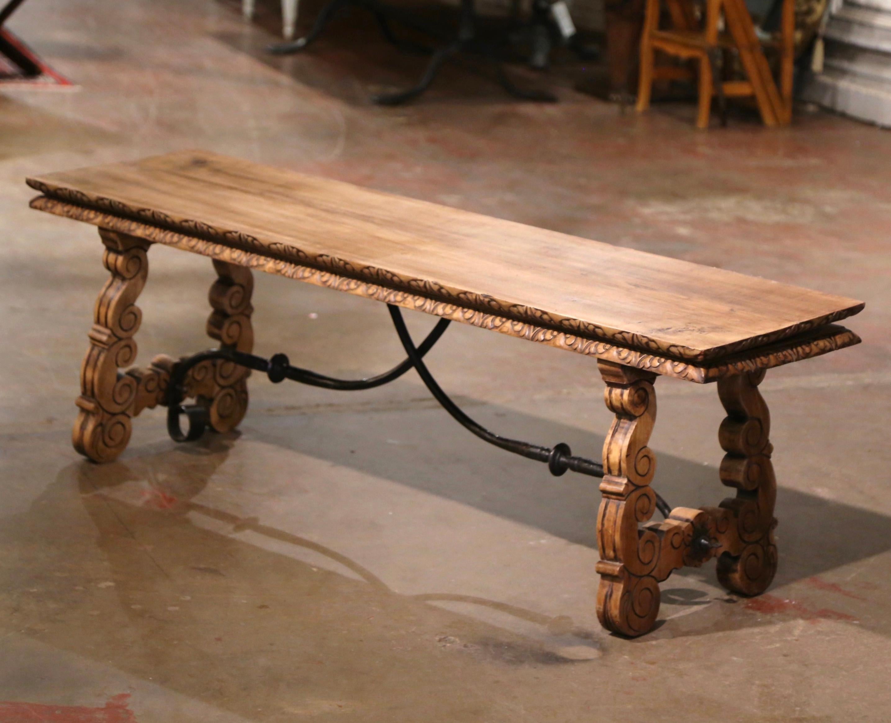 19th Century Spanish Renaissance Carved Bleached Chestnut and Iron Bench For Sale 4