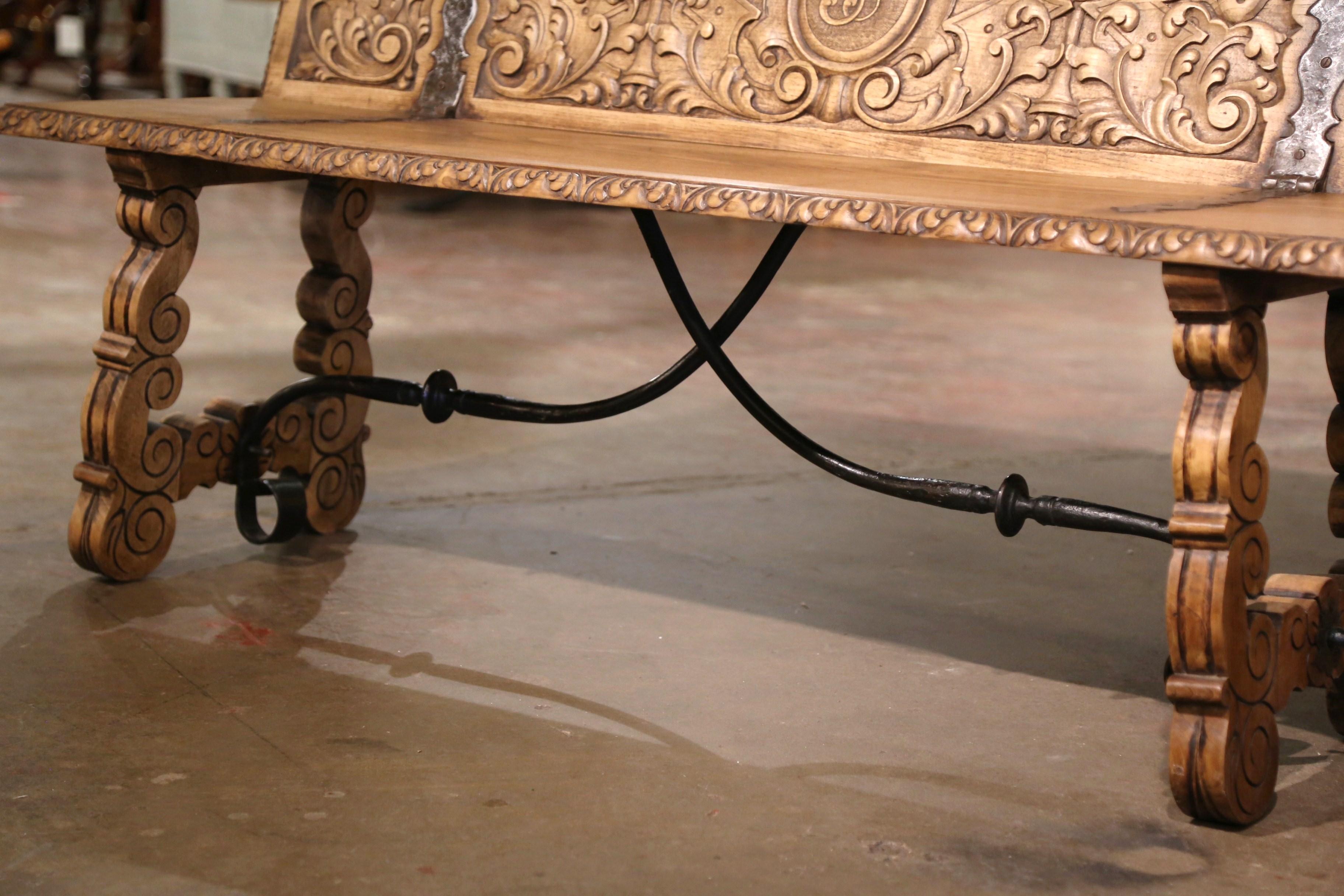 Renaissance Revival 19th Century Spanish Renaissance Carved Bleached Chestnut and Iron Bench For Sale