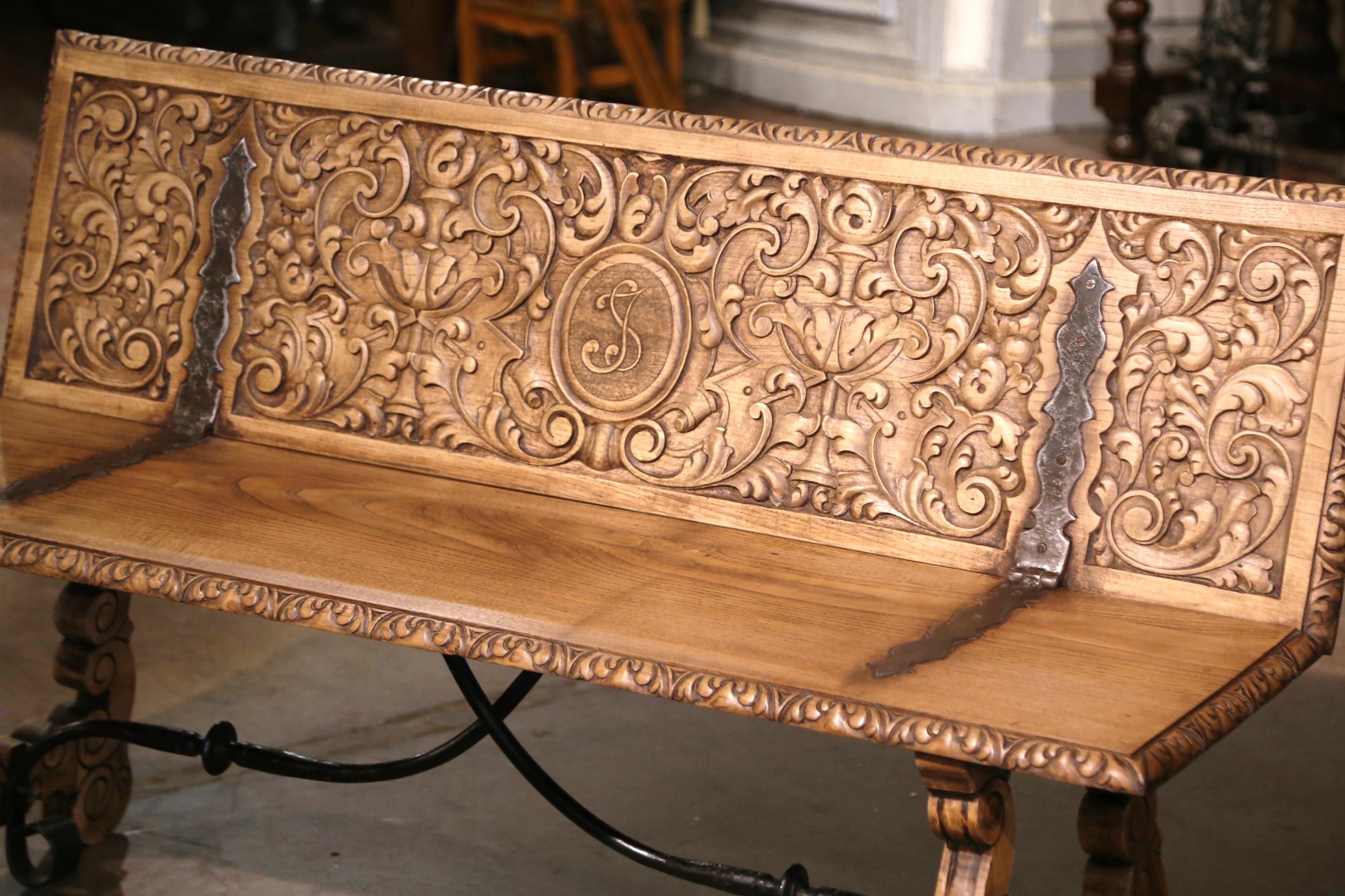 Hand-Carved 19th Century Spanish Renaissance Carved Bleached Chestnut and Iron Bench For Sale